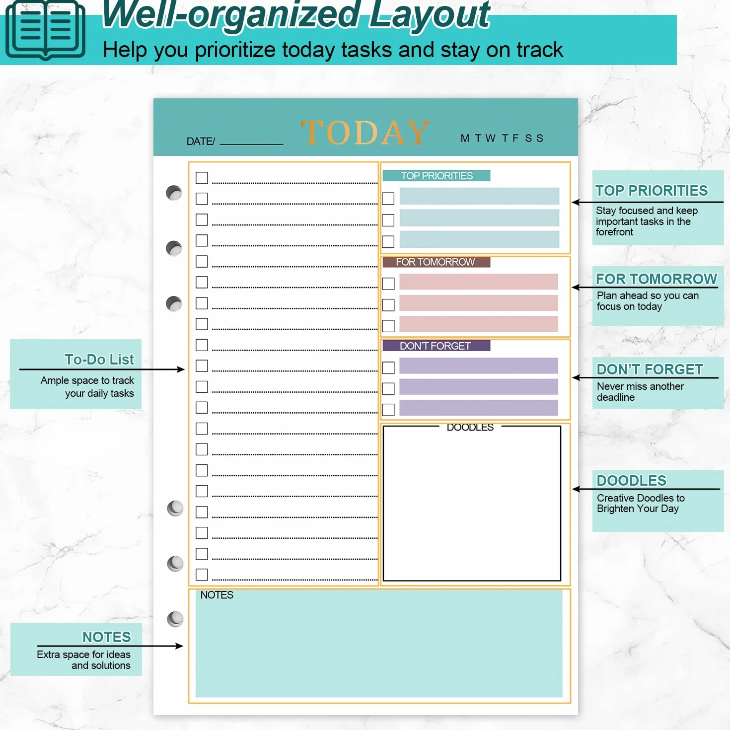 A5 Rechargeable Daily Planner 3 Paquets 150 Feuilles To Do List Non Daté Vert