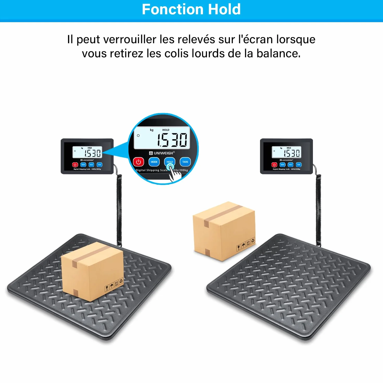Balance postale numérique UNIWEIGH 200 kg x 10 g, plate-forme en acier, fonction LCD/Hold/Tare
