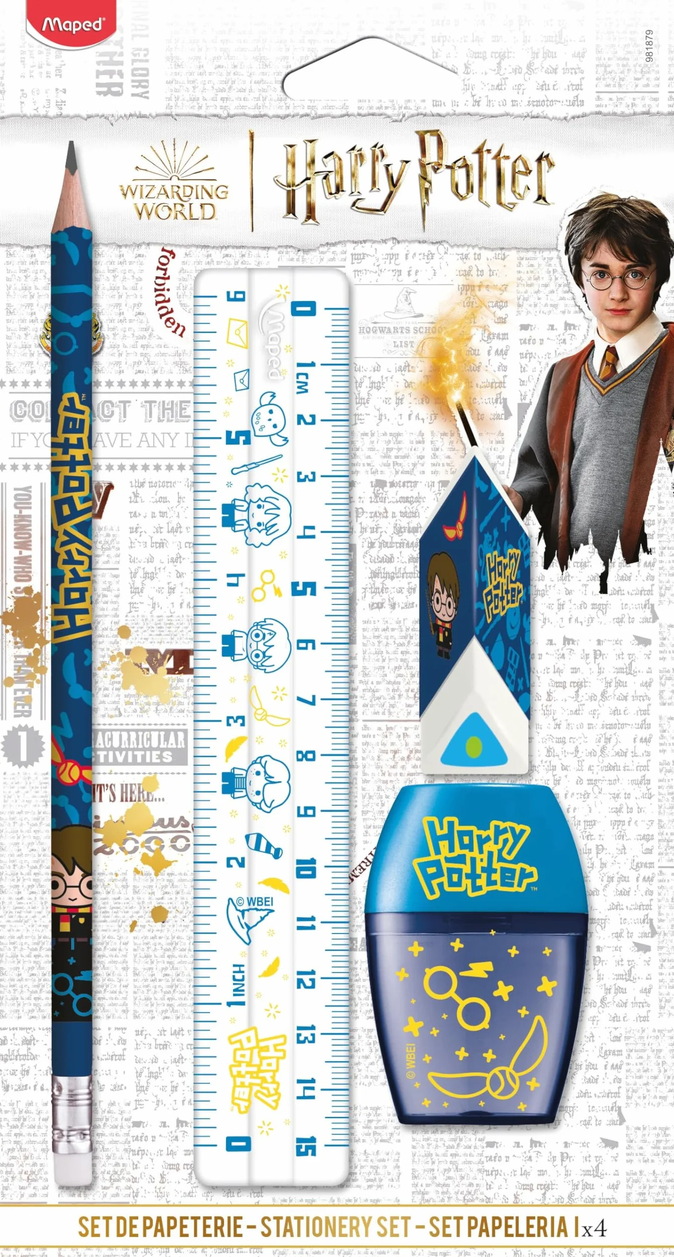 Maped Set de Papeterie Harry Potter 4 Pièces - Règle 15cm, Taille-Crayons, Gomme, Crayon HB