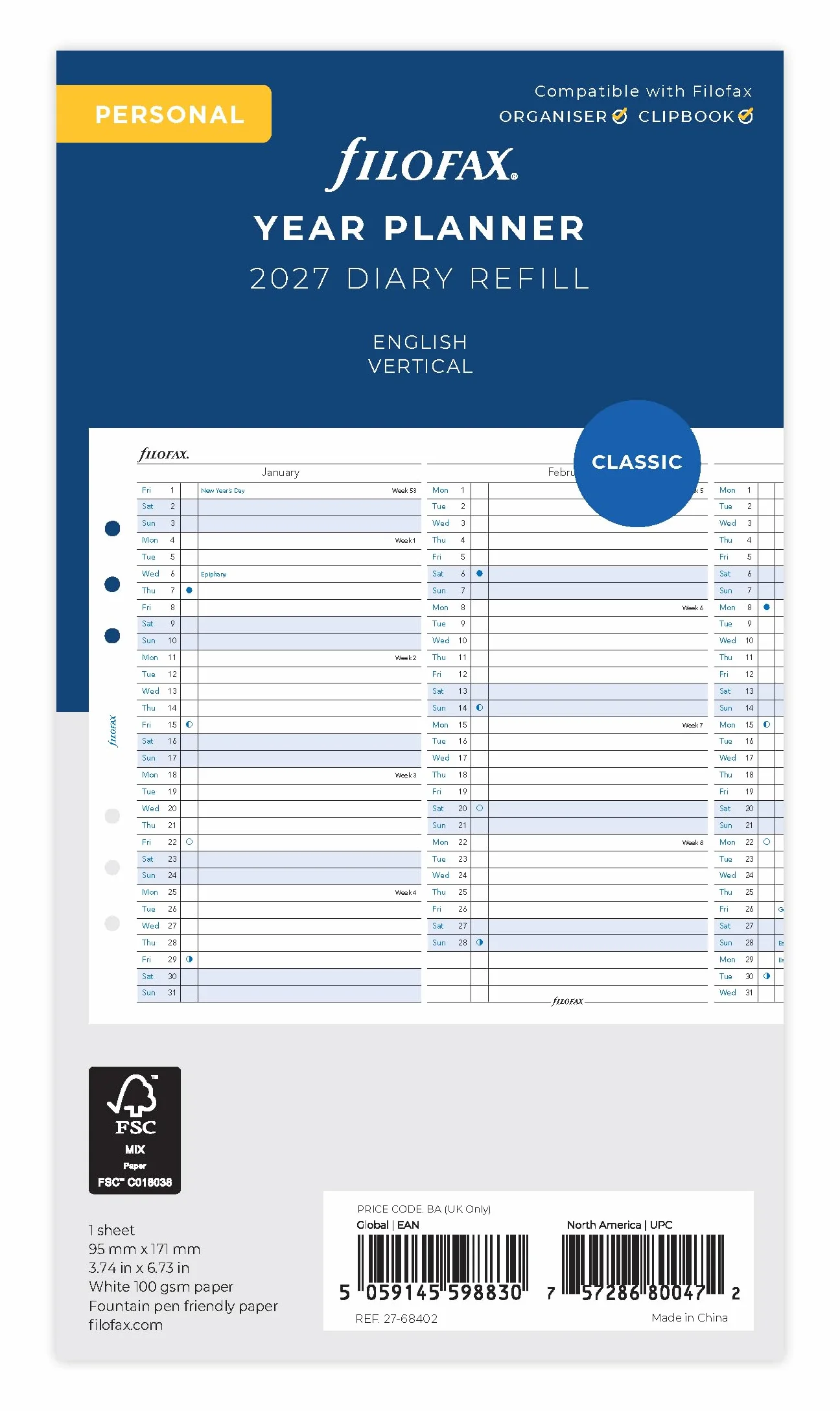 Filofax Agenda annuel vertical personnel 2027