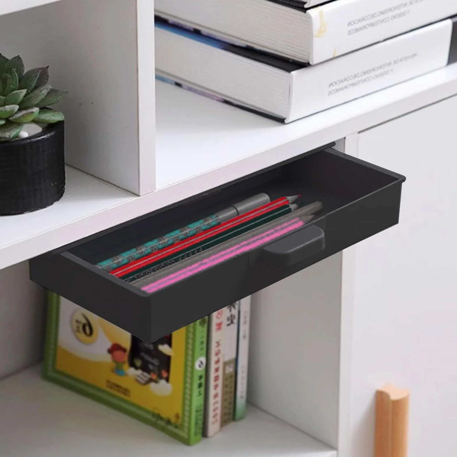 Tiroir de Bureau Organiseur, Boîte de Rangement Sous le Bureau, Tiroir Coulissant Auto-adhésif Grande Capacité (Noir)