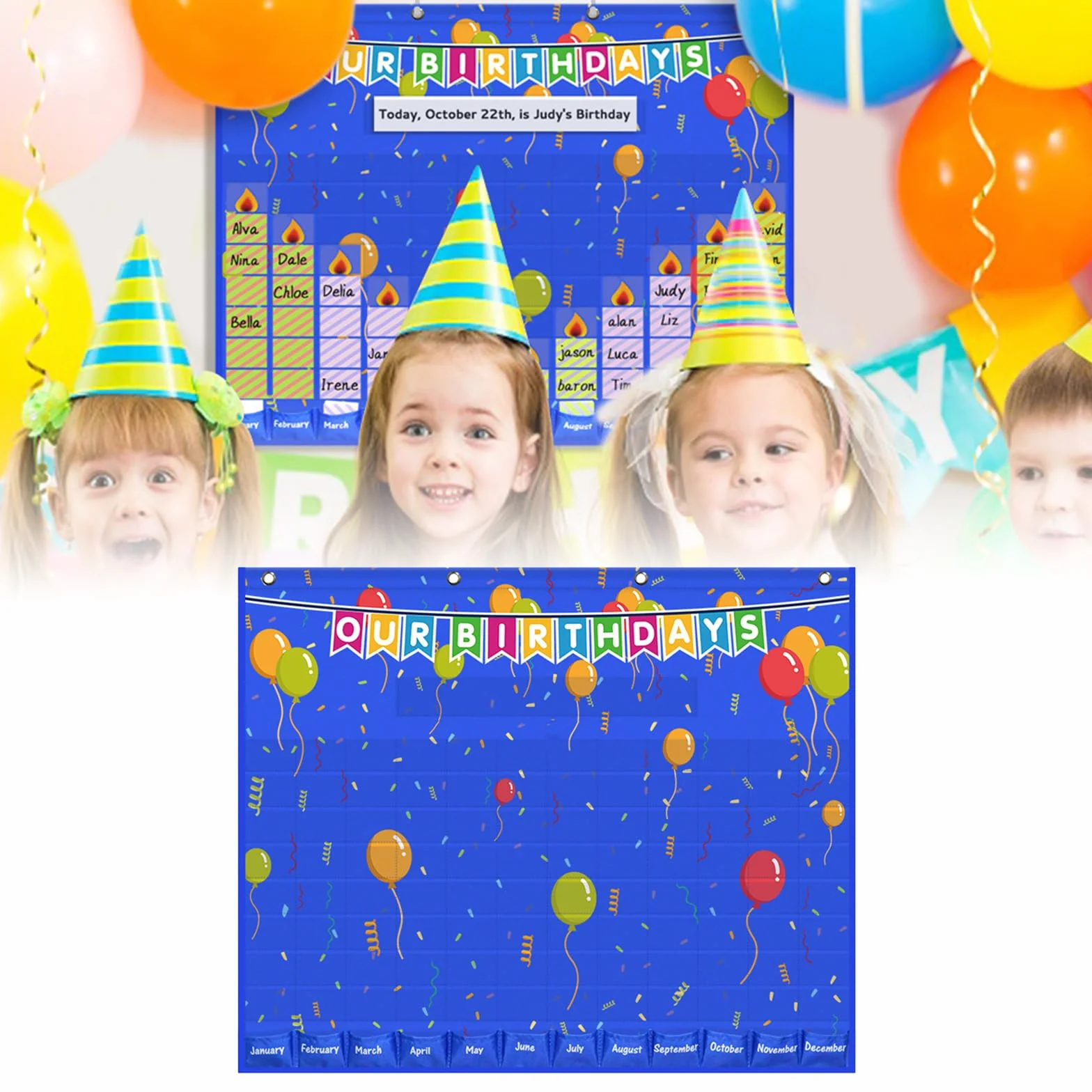 Tableau de poche Happy Birthday 90 cartes 78,7 x 63,5 cm Graphique d'anniversaire pour maternelle