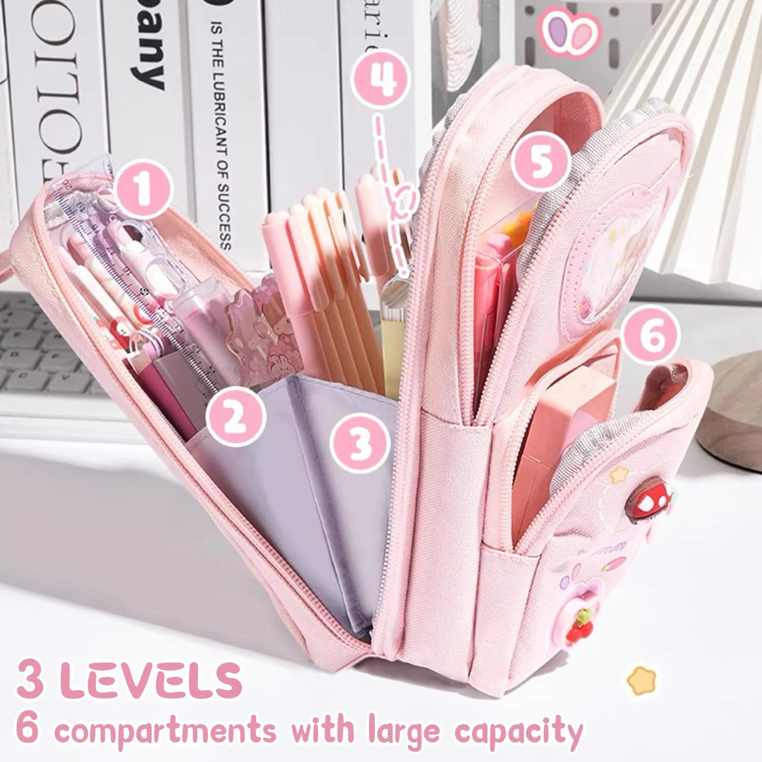 Trousse Crayon Cartoon Motif Big Capacity Pencil Case 3 Compartiments pour Étudiants Enfants Filles Garçons École Bureau (Rose)