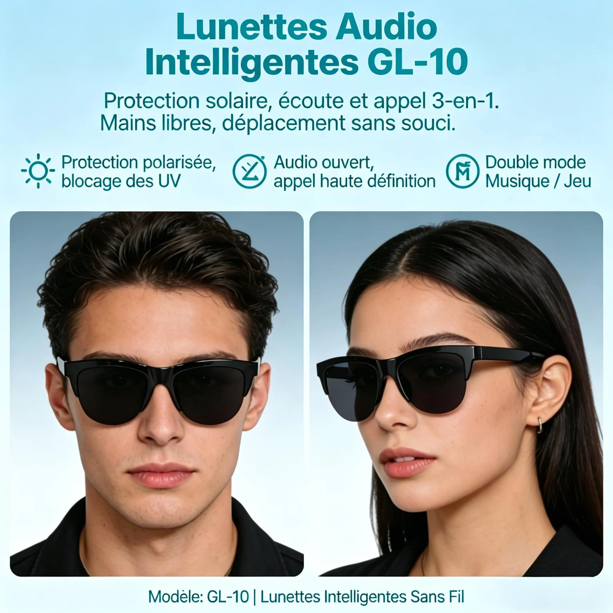 Lunettes Connectées Bluetooth IA Traduction Vocale Smart Glasses Appels Musique UV400 Hommes Femmes