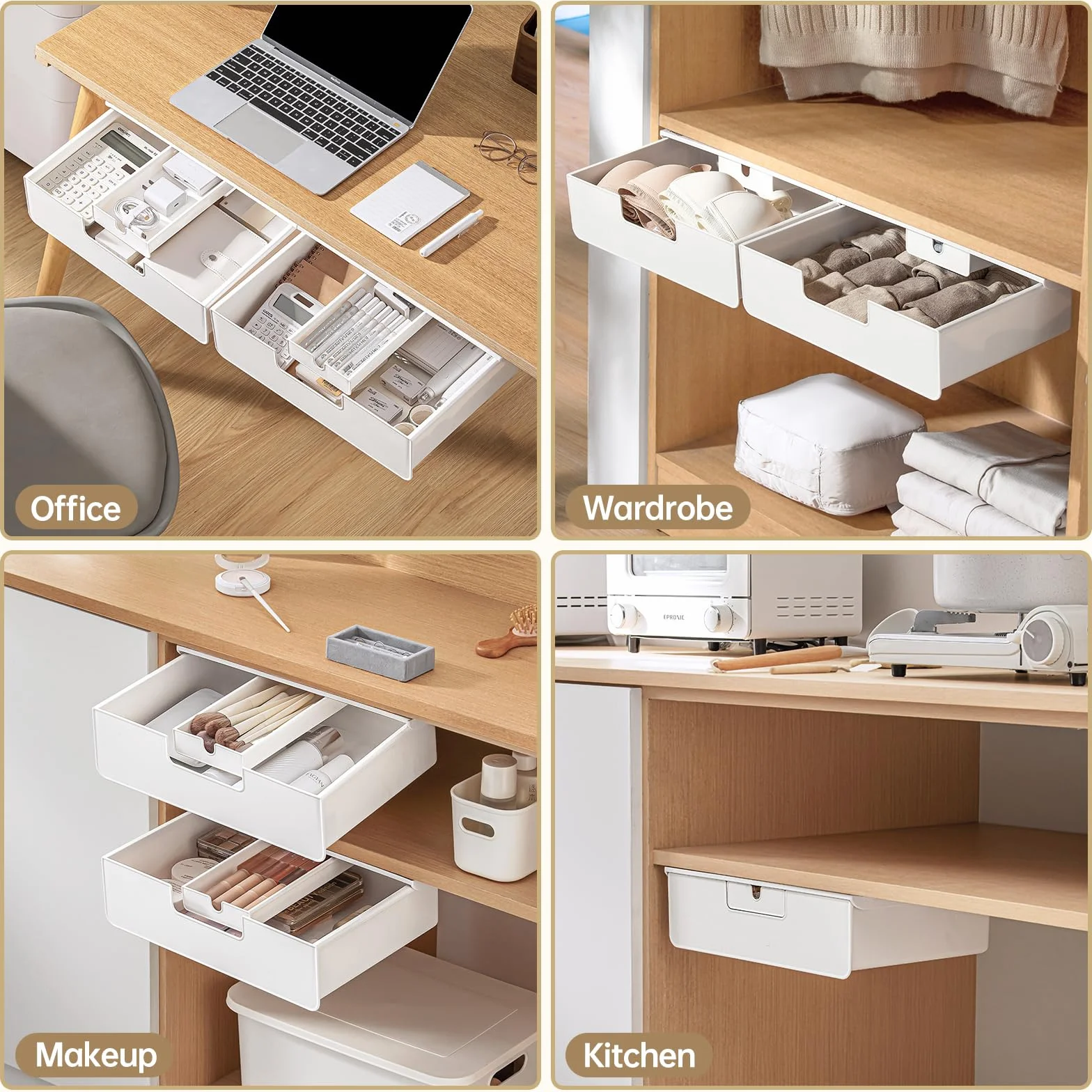 Tiroir Sous Bureau Grand Coulissant 2 Modes Installation Vis Adhesif Rangement Bureau Blanc