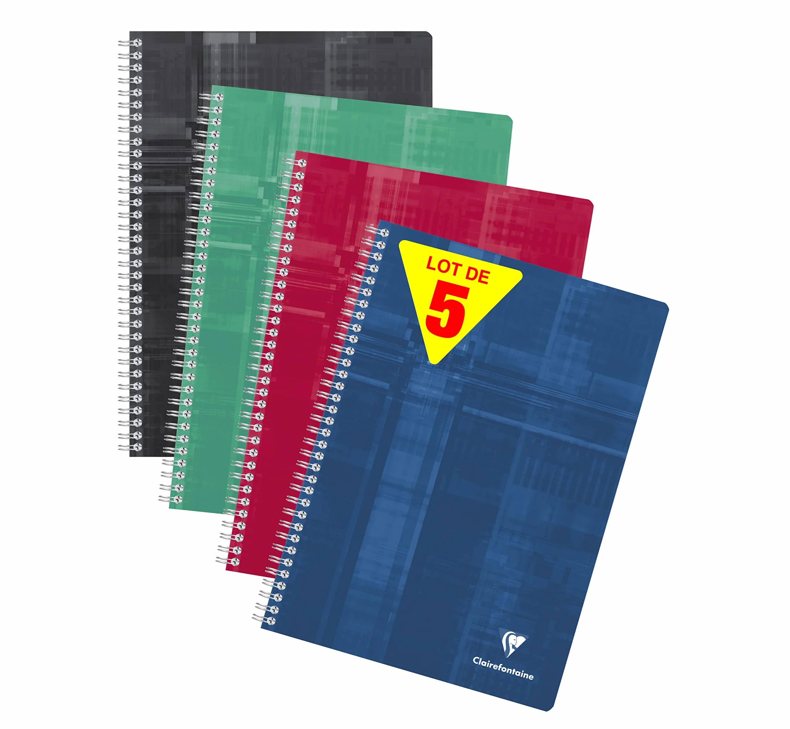 Clairefontaine Lot de 5 Cahiers à Spirale A4 21x29,7 cm 180 Pages Grands Carreaux 90 g