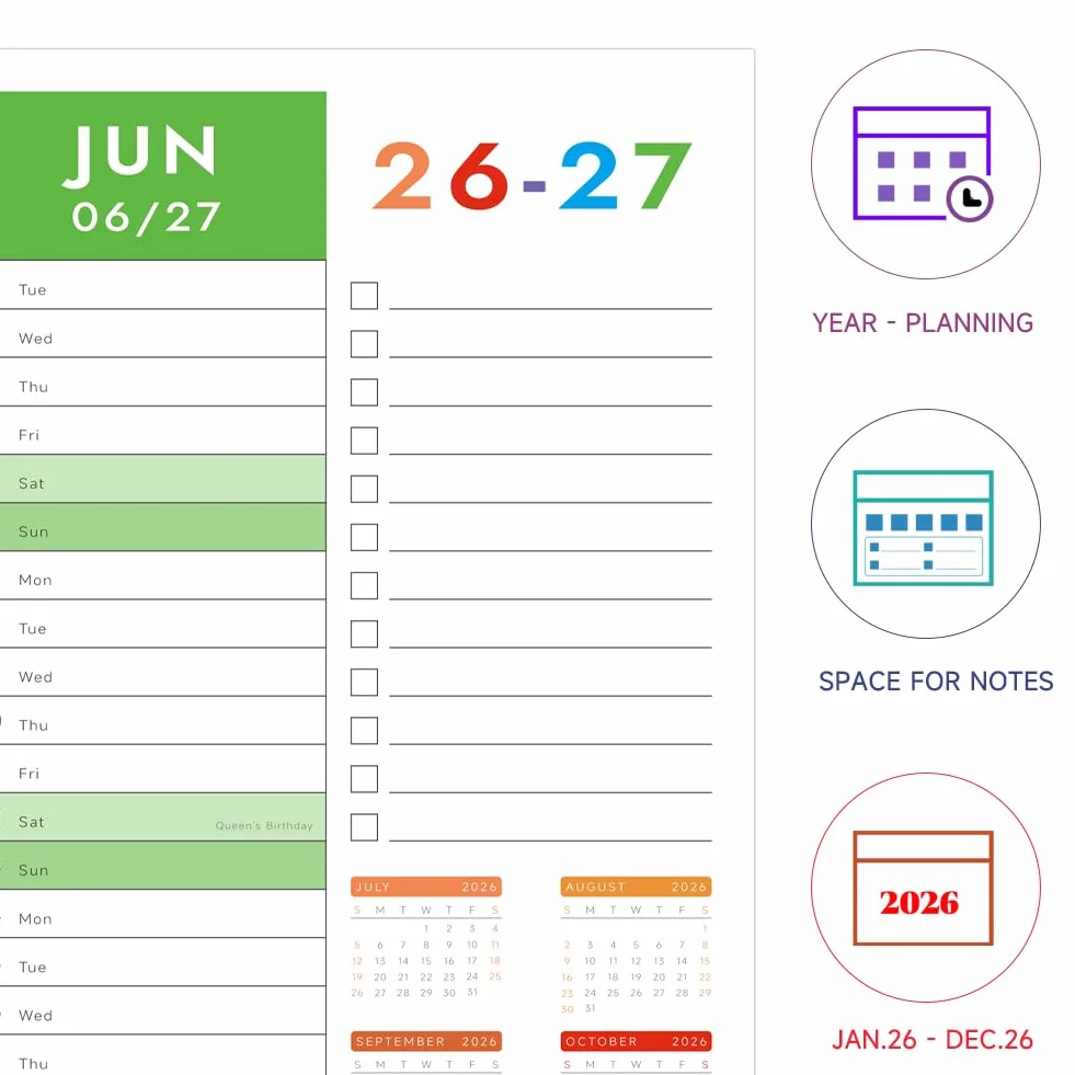 Planning mural 2026-2027 britannique extra long 119,4 x 41,9 cm juillet 2026 à juin 2027 calendrier mural UK grand