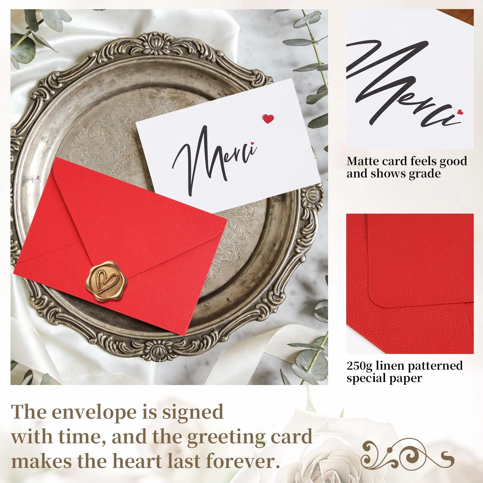 Carte Merci avec Enveloppe en Lin et Cachet Cire, Cadeau Fin d'Études 15 x 10.5 cm