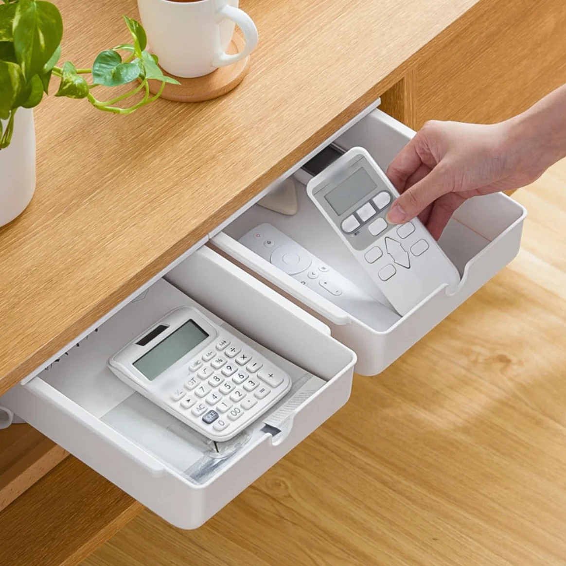 FRETONBA Mini boîte de rangement autocollante sous le bureau - Organiseur de tiroir caché Blanc