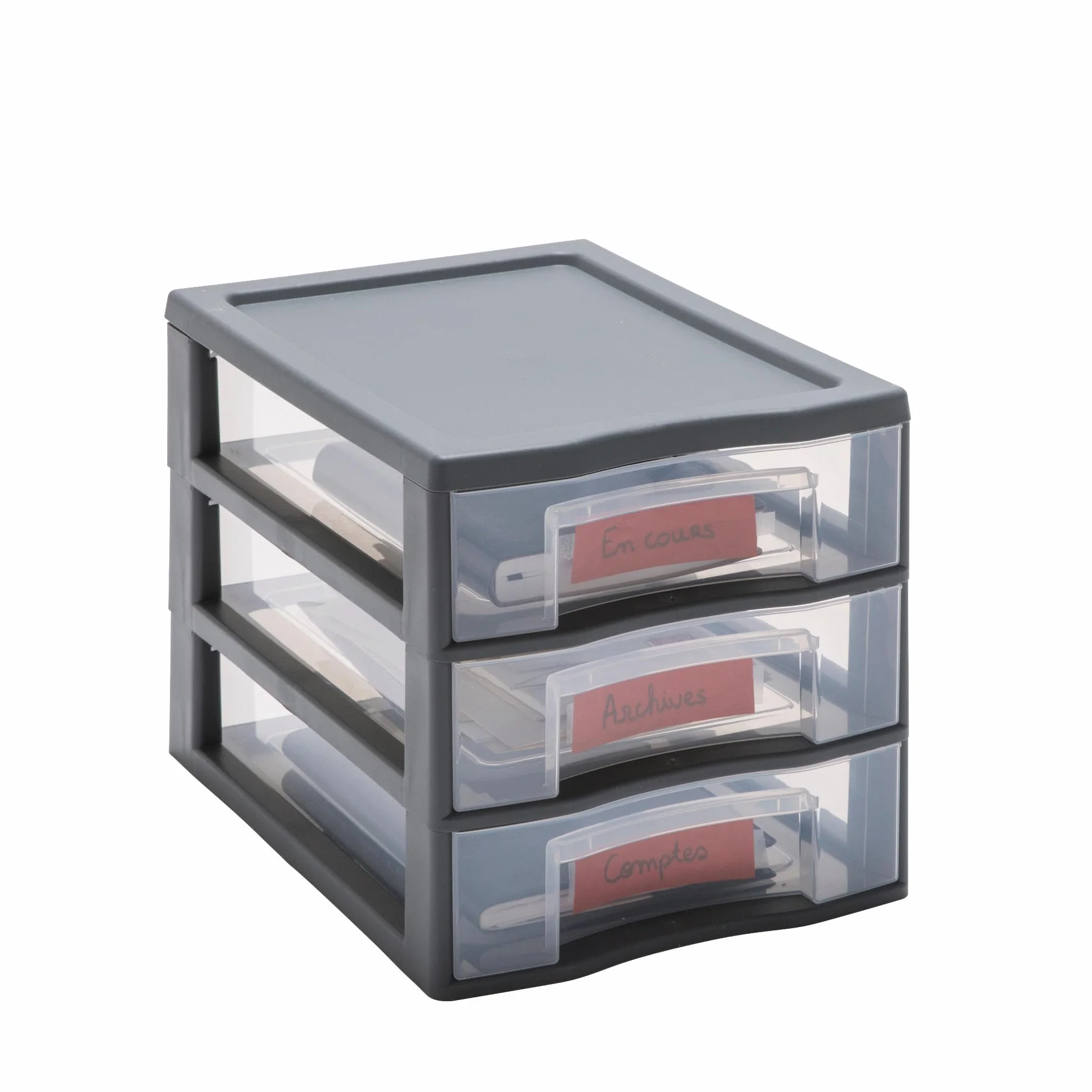 SUNDIS Tag Tower, petite tour de rangement en plastique gris, 3 tiroirs transparents format A4, hauteur 25,5 cm, superposable