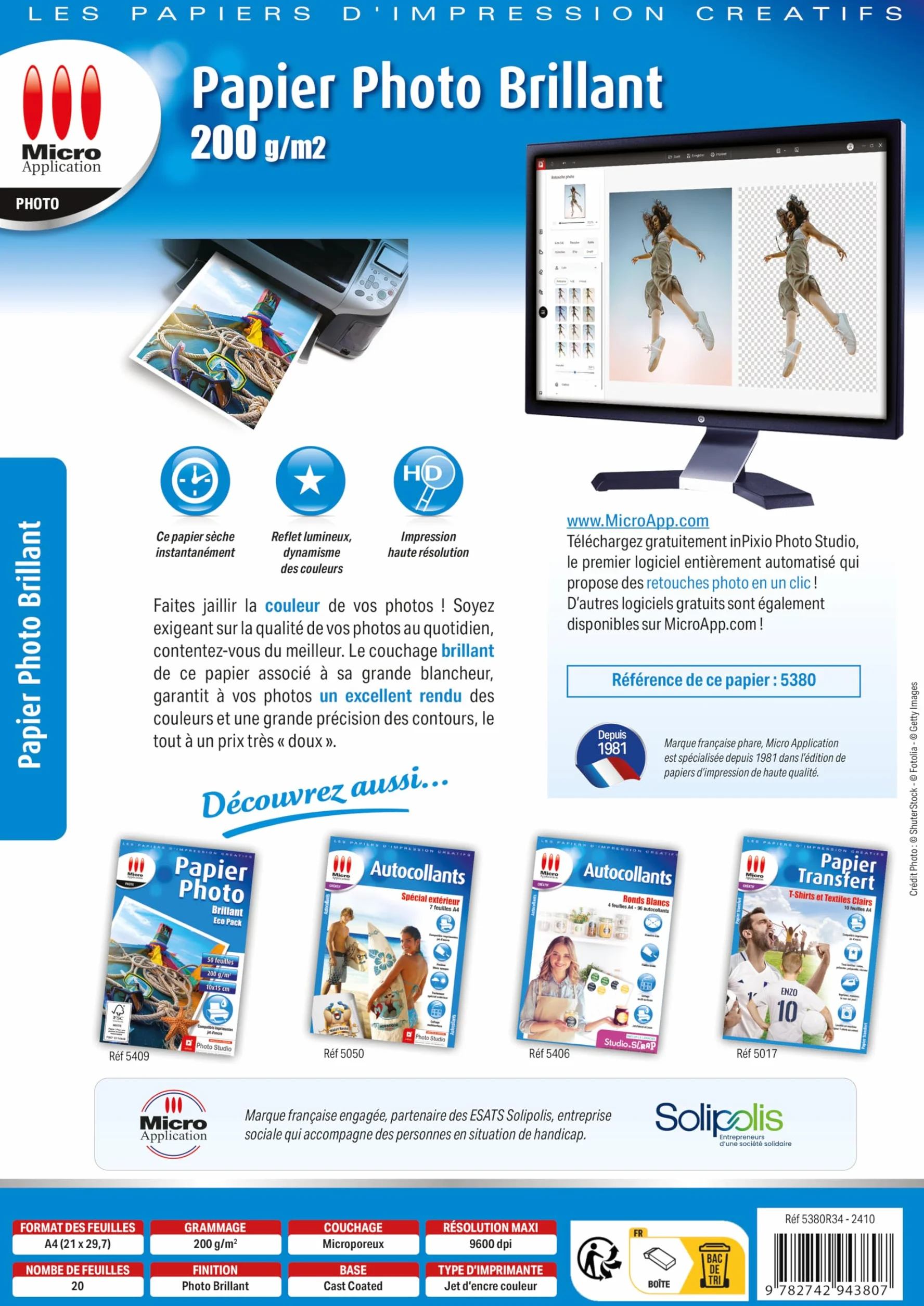 Papier photo A4 brillant 200 g/m² 20 feuilles Micro Application