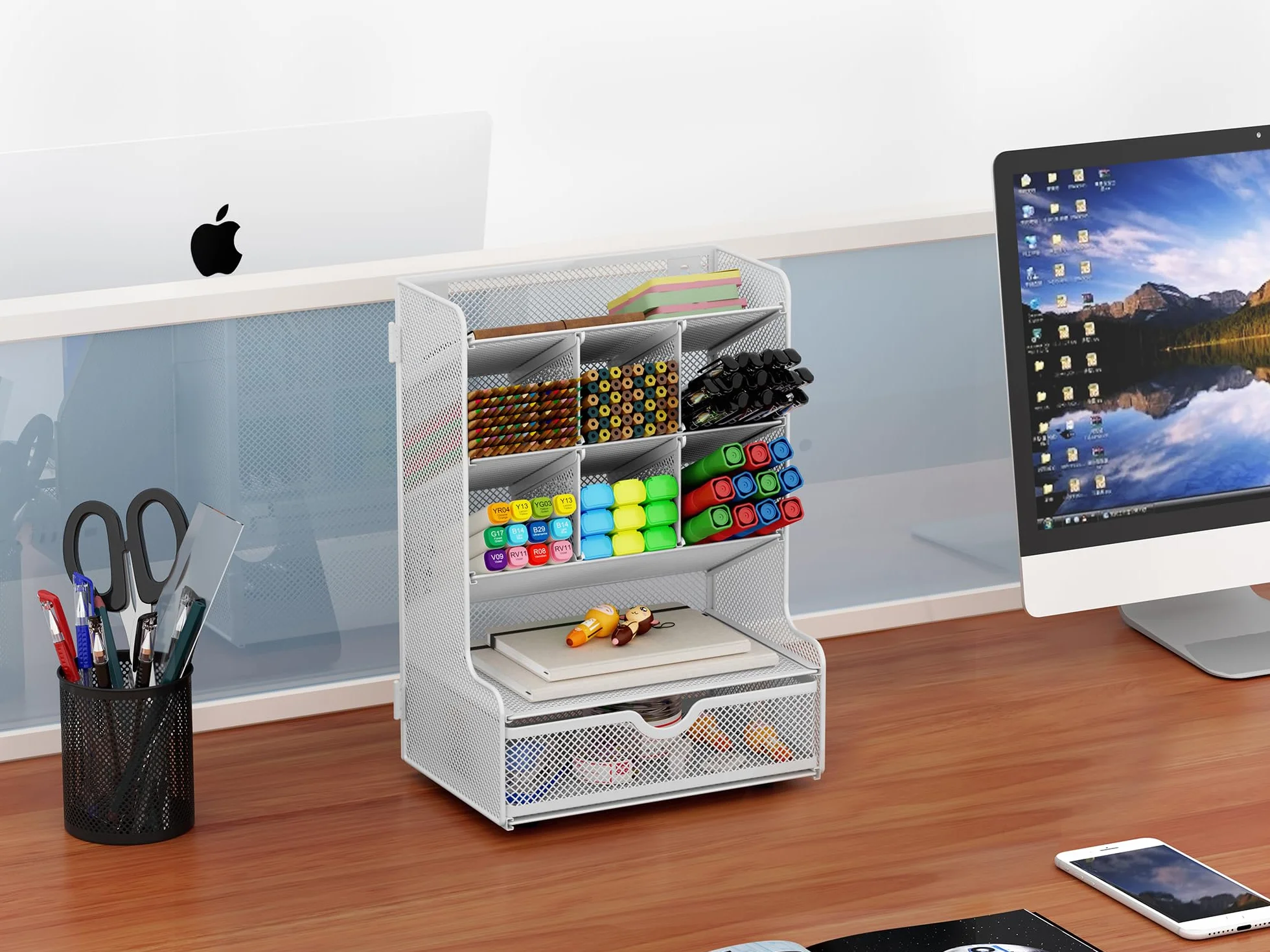 EasyPAG Organisateur de Bureau Métal 9 Compartiments avec Tiroir Blanc