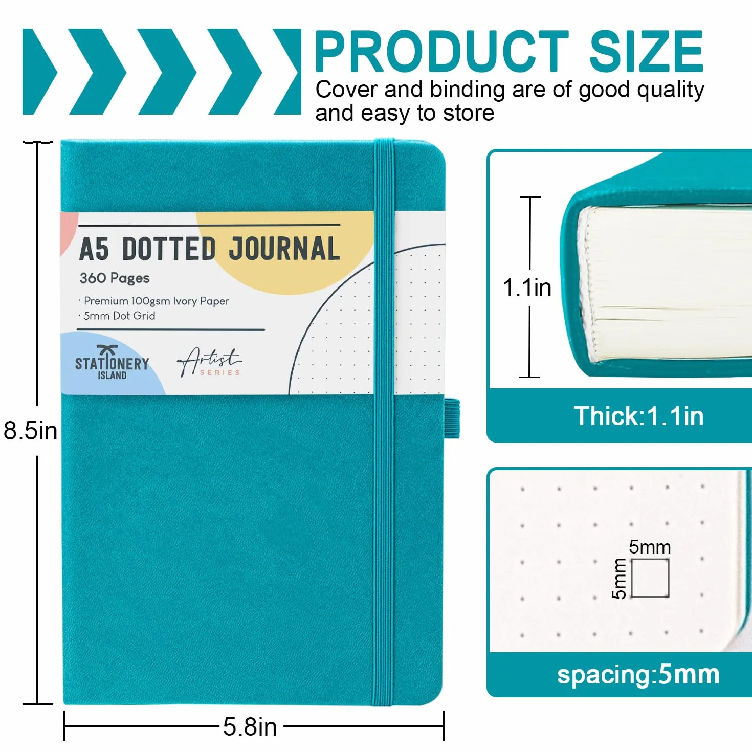 Carnet en Notes A5 Pointillé 360 pg Bullet Dotted Journal Couverture Rigide Papier 100 g/m² avec Porte-stylo Poche Intérieure 2 Marque-pages