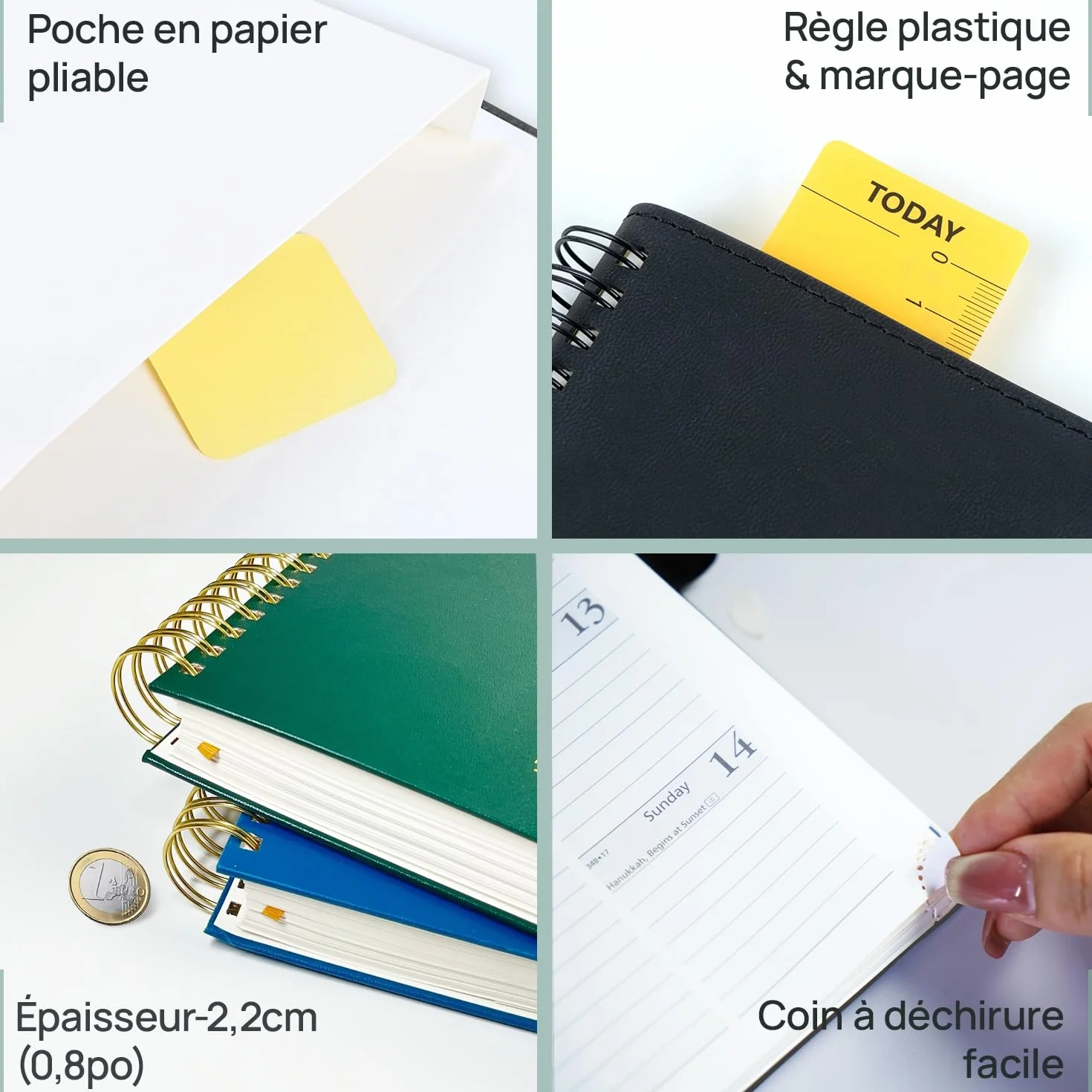 POPRUN Agenda 2026 2027 Journalier A5 21,5 x 14,5cm 1 Page par Jour Couverture Rigide Spirale Vert Minuit