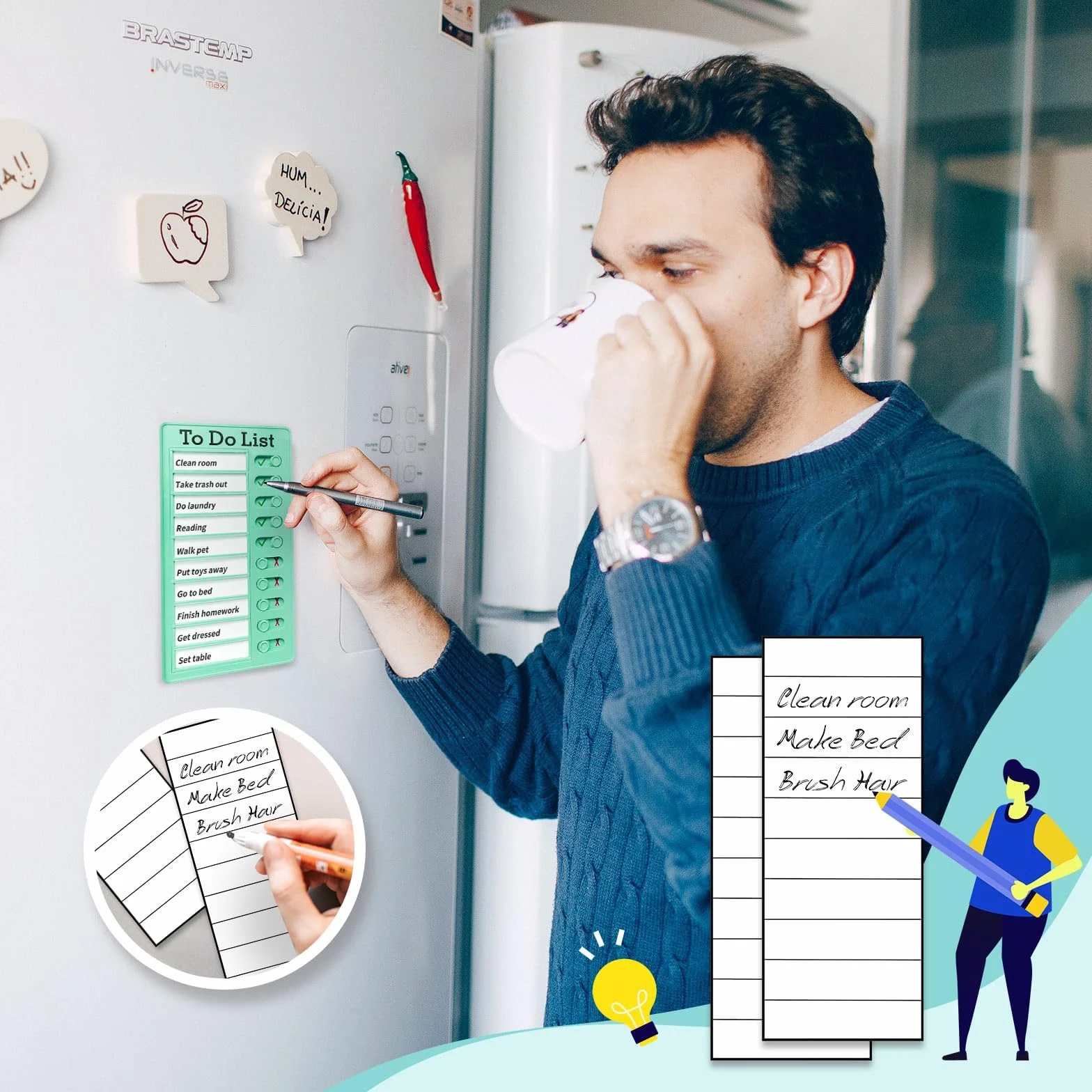 Tableau Memo Checklist 2 Pièces avec 10 Feuilles de Papier Vierge, Portable Tableau Mémo Checklist pour Tâches Ménagères