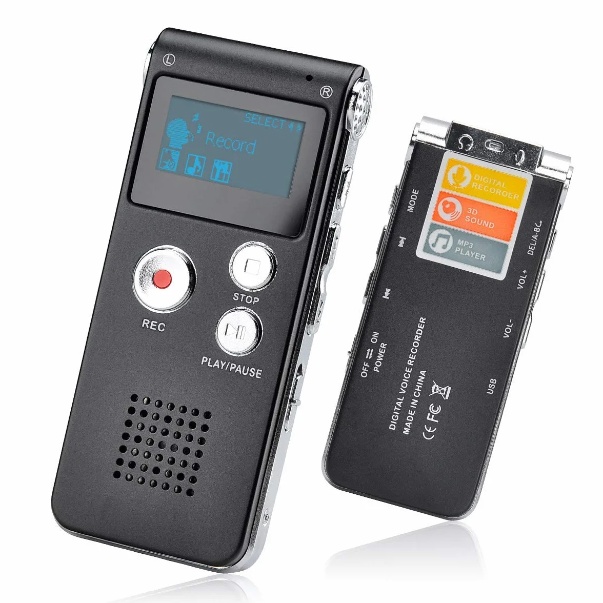 Lychee Dictaphone Enregistreur Vocal Numérique 8GO Portable, Lecteur MP3 Audio à Double Microphone Noir