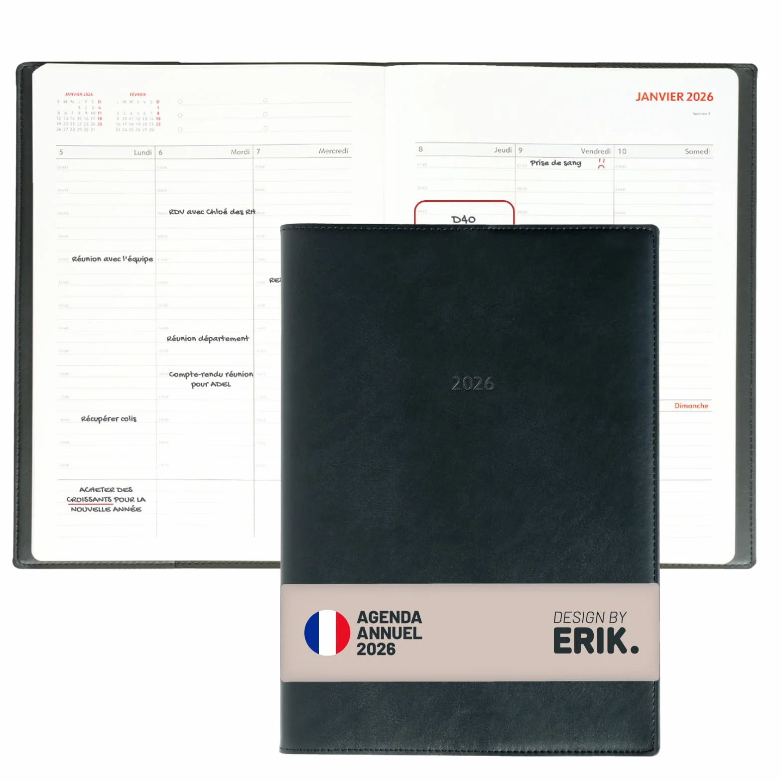 Agenda A4 2026 Semainier Vertical en Français, Carnet de Rendez-Vous Professionnel