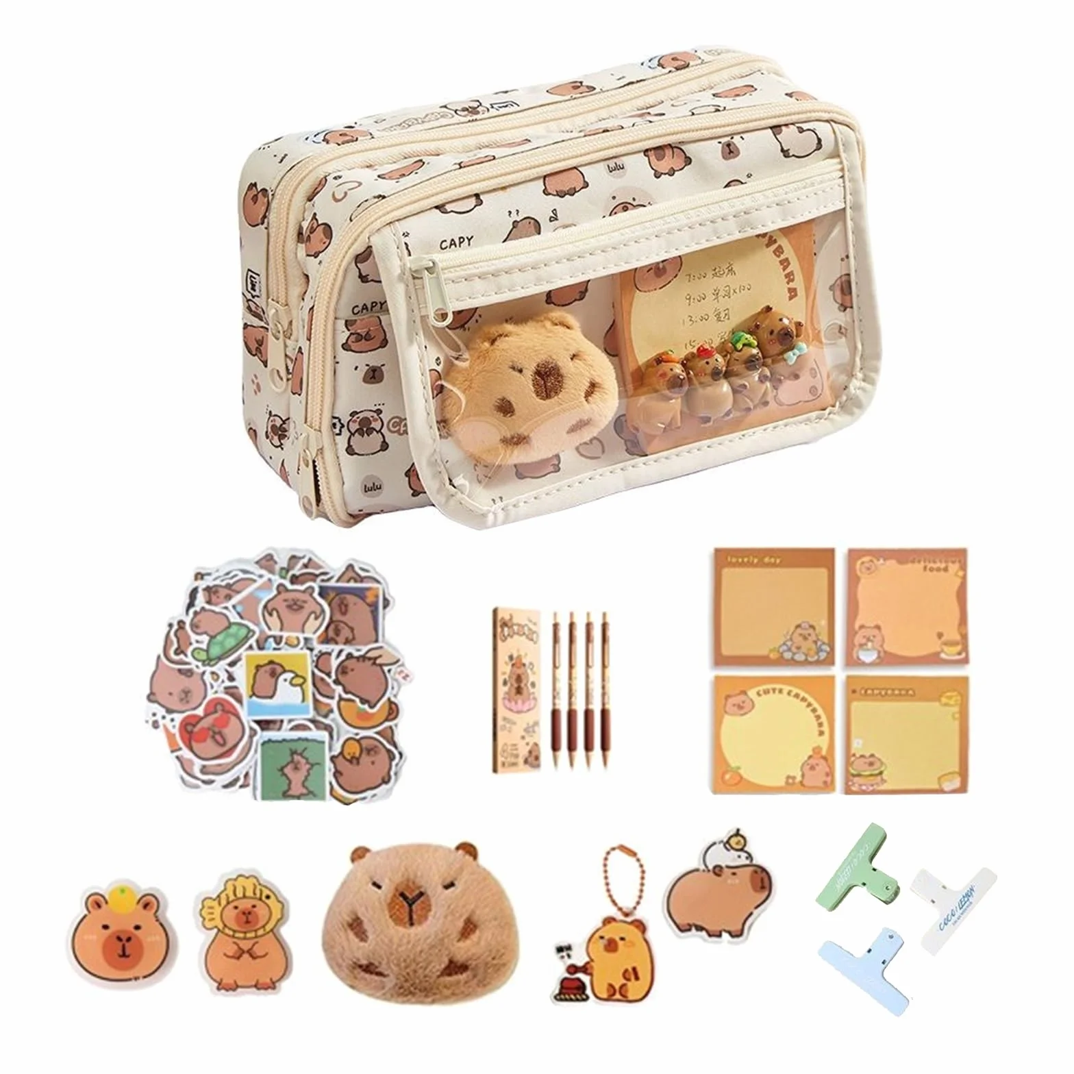 Capybara Kawaii Trousse à Crayons 58 Pièces Papeterie avec 9 Compartiments pour Bureau Scolaire Étudiants