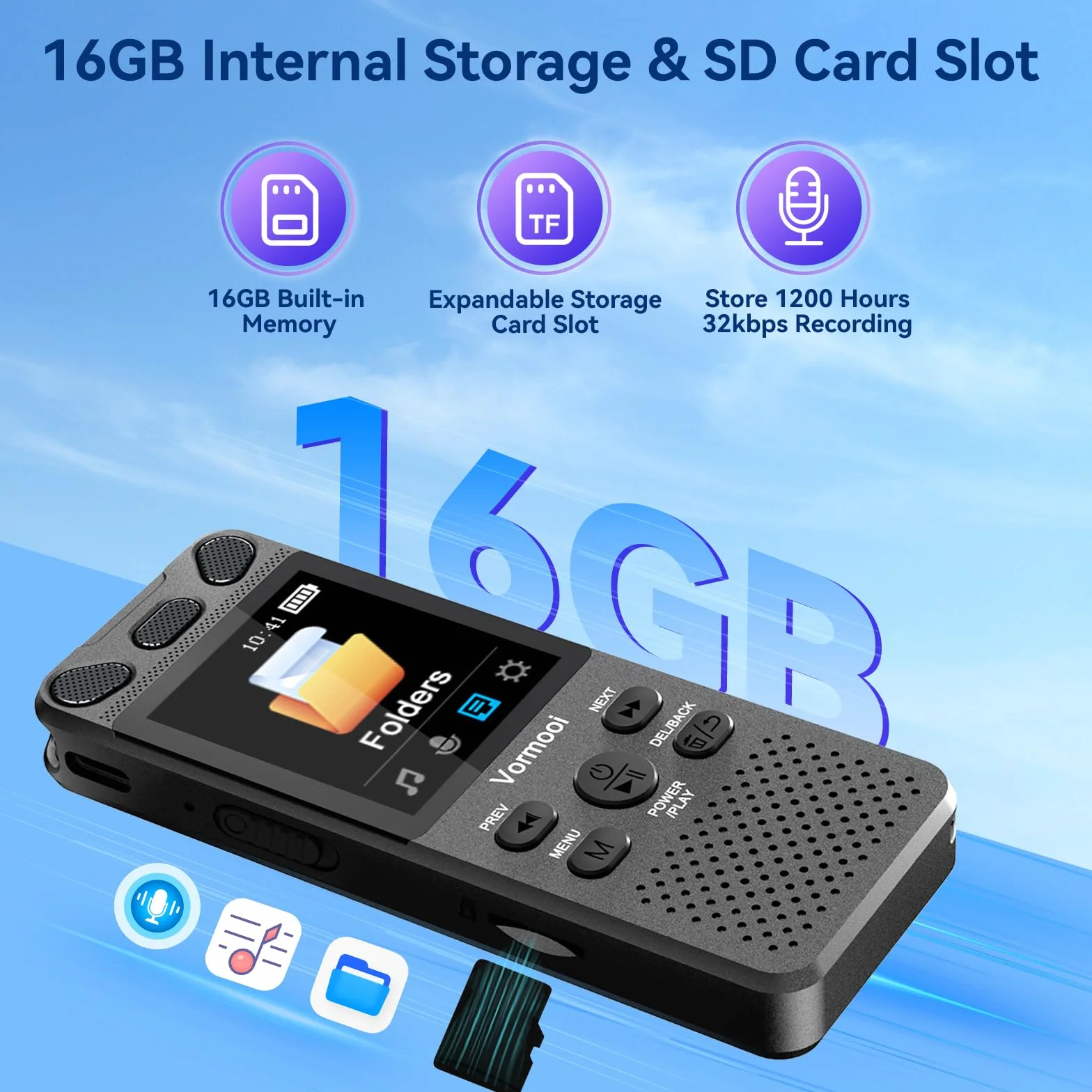 Vormooi Enregistreur Vocal Numérique 16GB 110H avec Micro Externe Écran Couleur 2,15" Activation Vocale