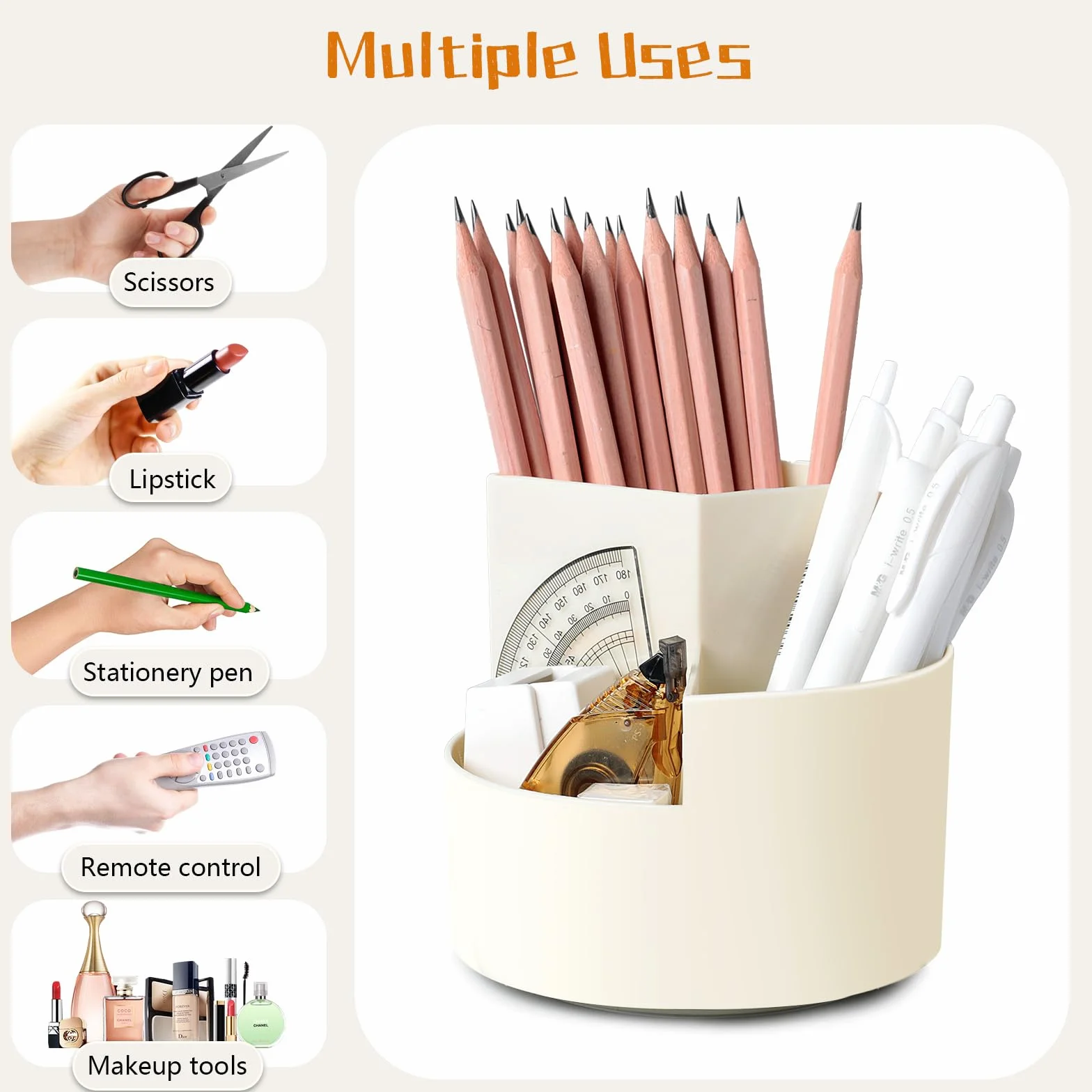 Rotatif Pot à Crayon, Porte-Stylos Pivotant à 360 Degrés avec 3 Compartiments, Rangement de Bureau Grande Capacité - Blanc