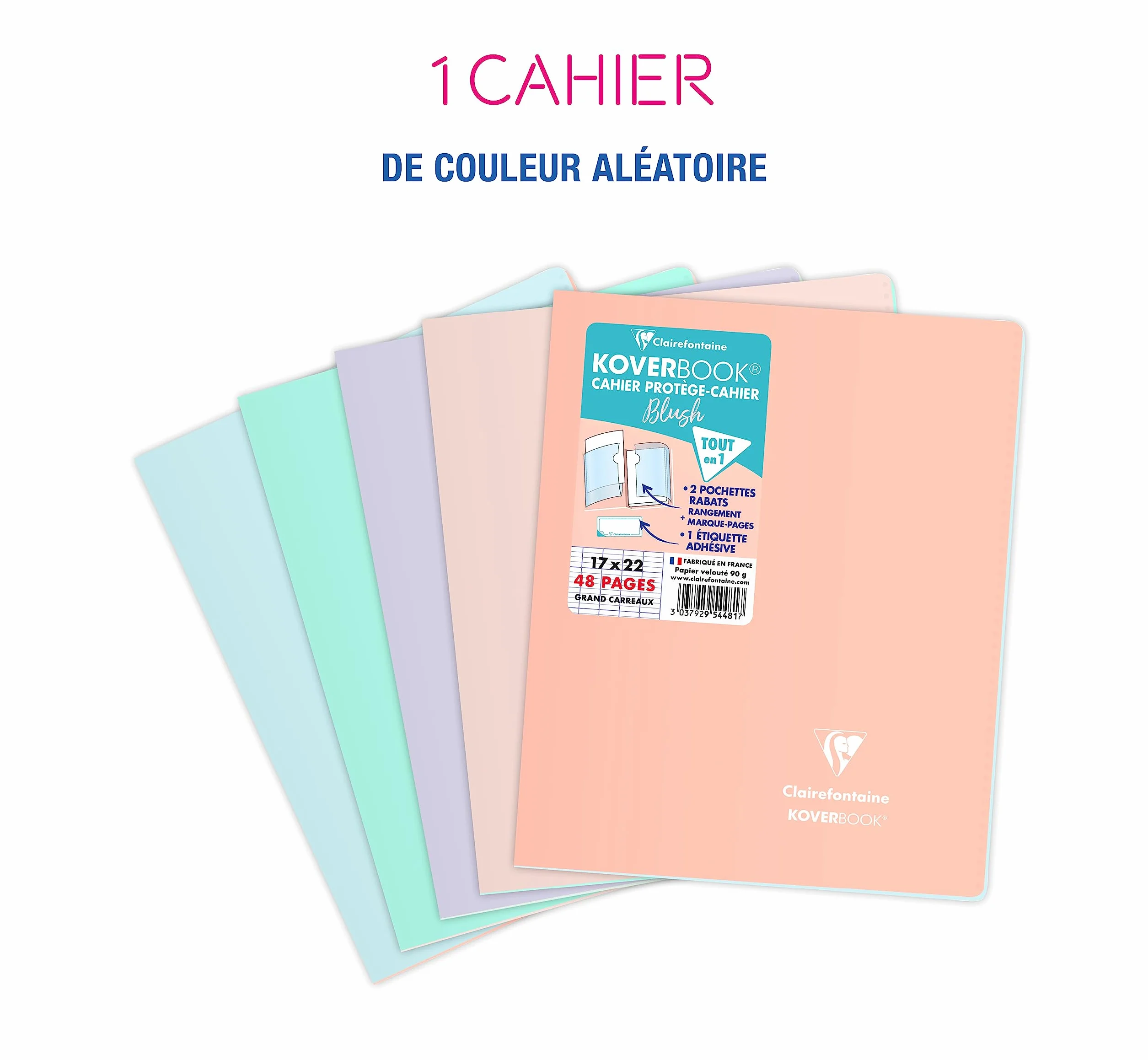 Clairefontaine Koverbook Blush Cahier Agrafé 17x22 cm 48 Pages Grands Carreaux Papier Blanc 90 g Couverture Polypro Opaque