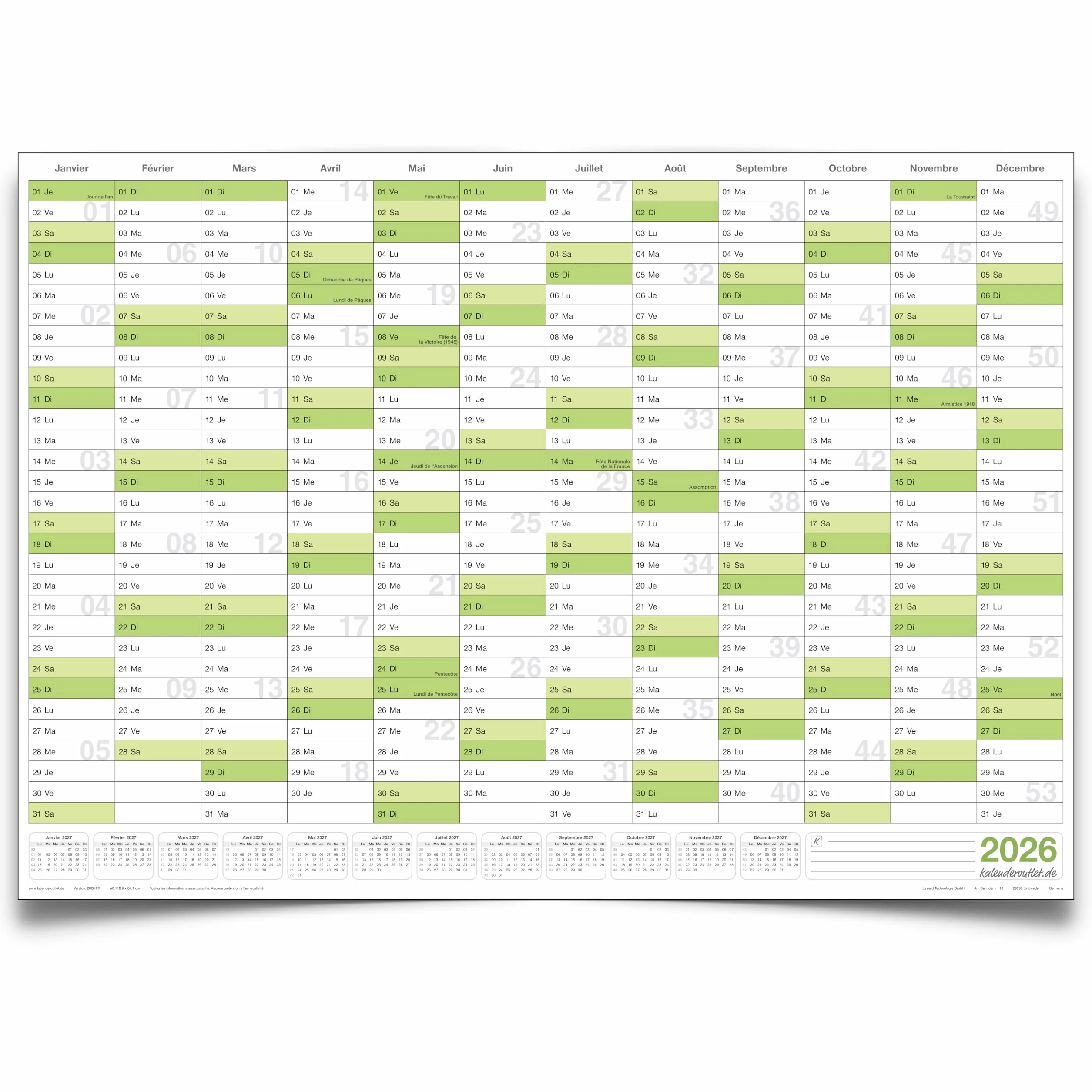 Calendrier mural effaçable DIN B1 100x70 cm 2026 – planner annuel réinscriptible plastifié avec 4 marqueurs et 1 éponge – version française