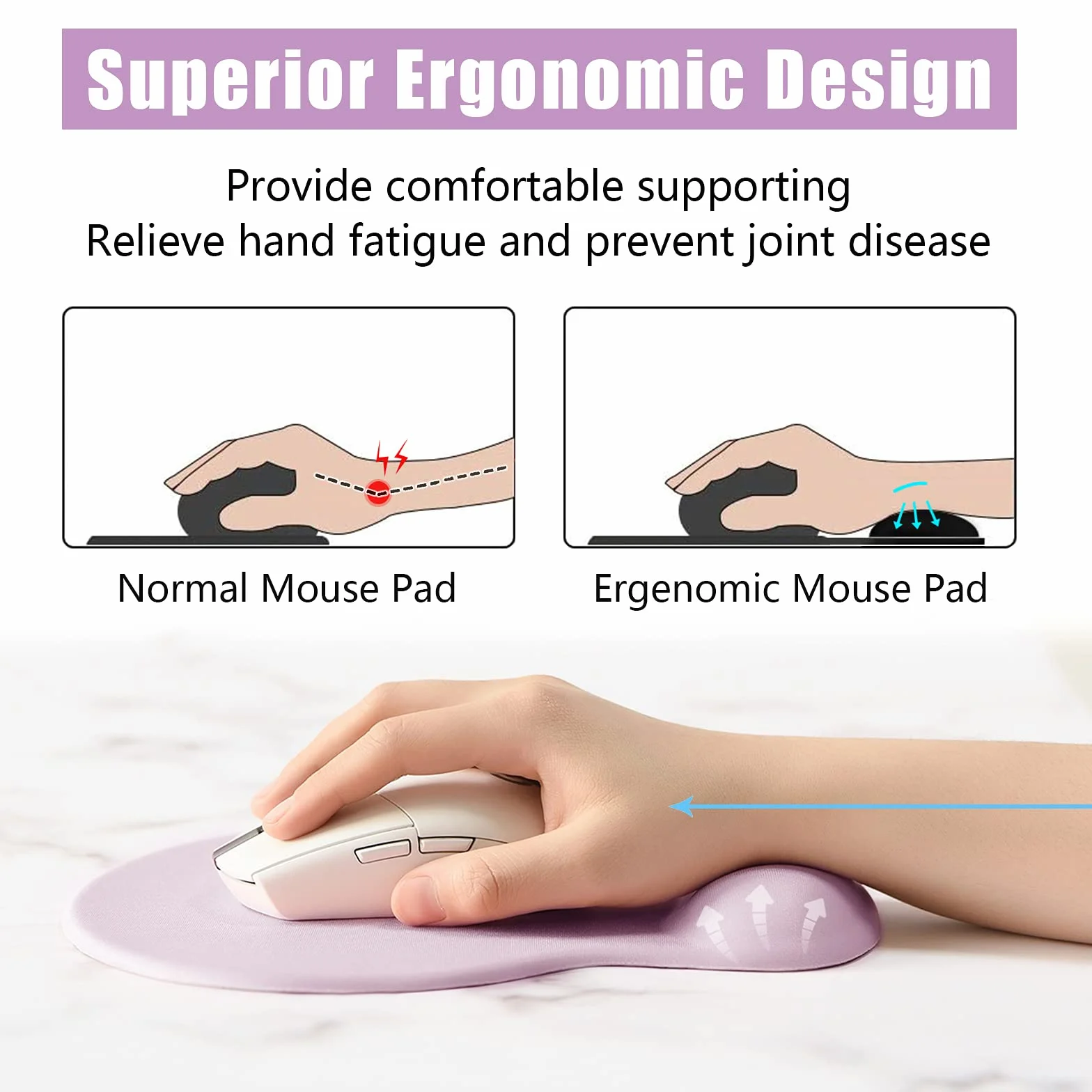 Tapis de Souris Ergonomique Gamer avec Repose Poignet en Gel, Portable, Violet Vanille