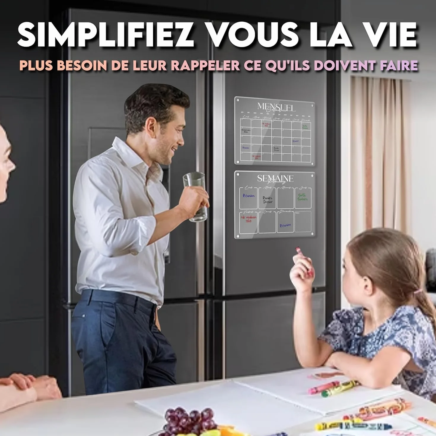 Calendrier Magnétique Frigo Transparent x2 Planificateur Hebdomadaire Mensuel Aimanté Tableau Organisateur Familial