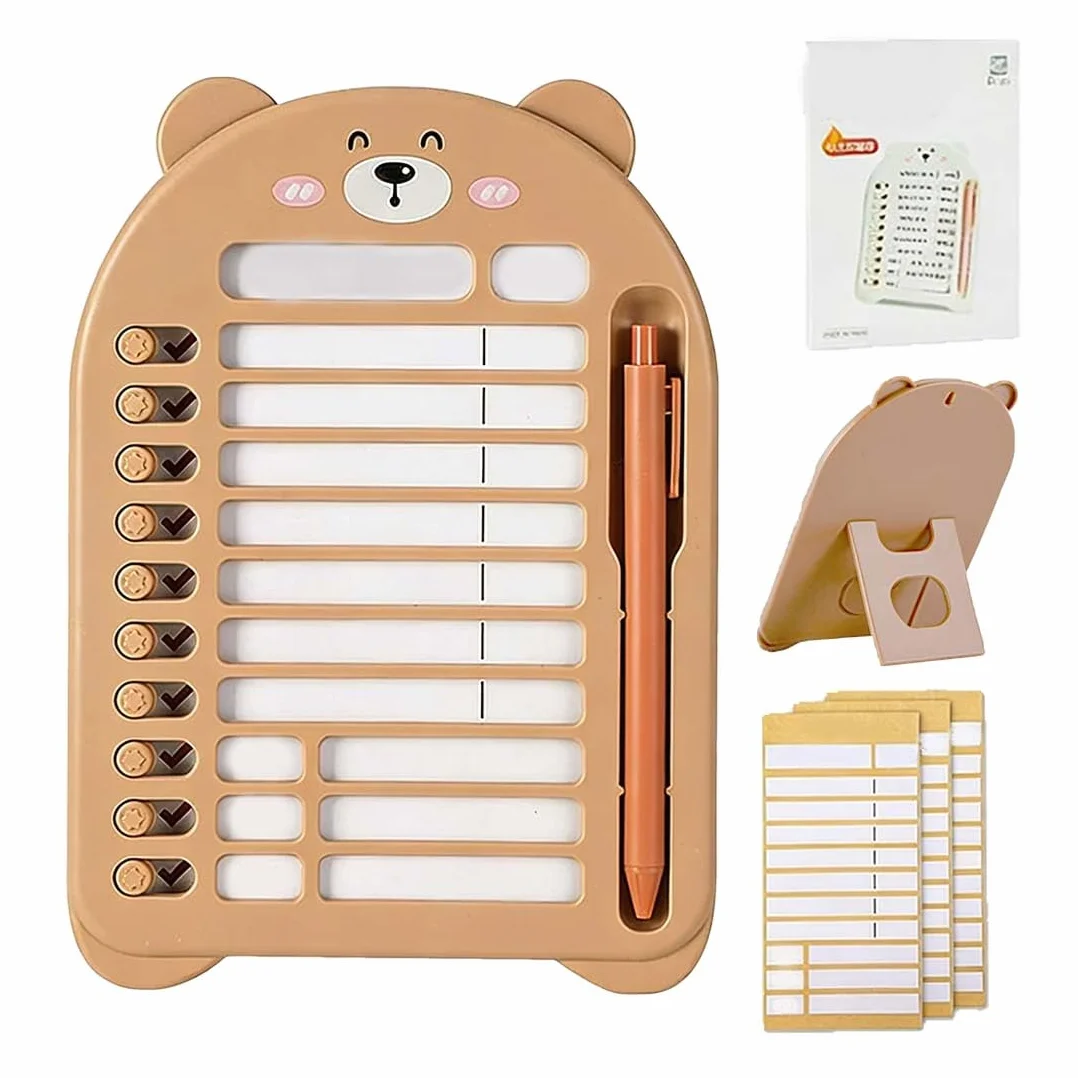 Tableau de Tâches à Faire pour Enfants, To Do List avec 13 Feuilles, Support et Stylo, Brun