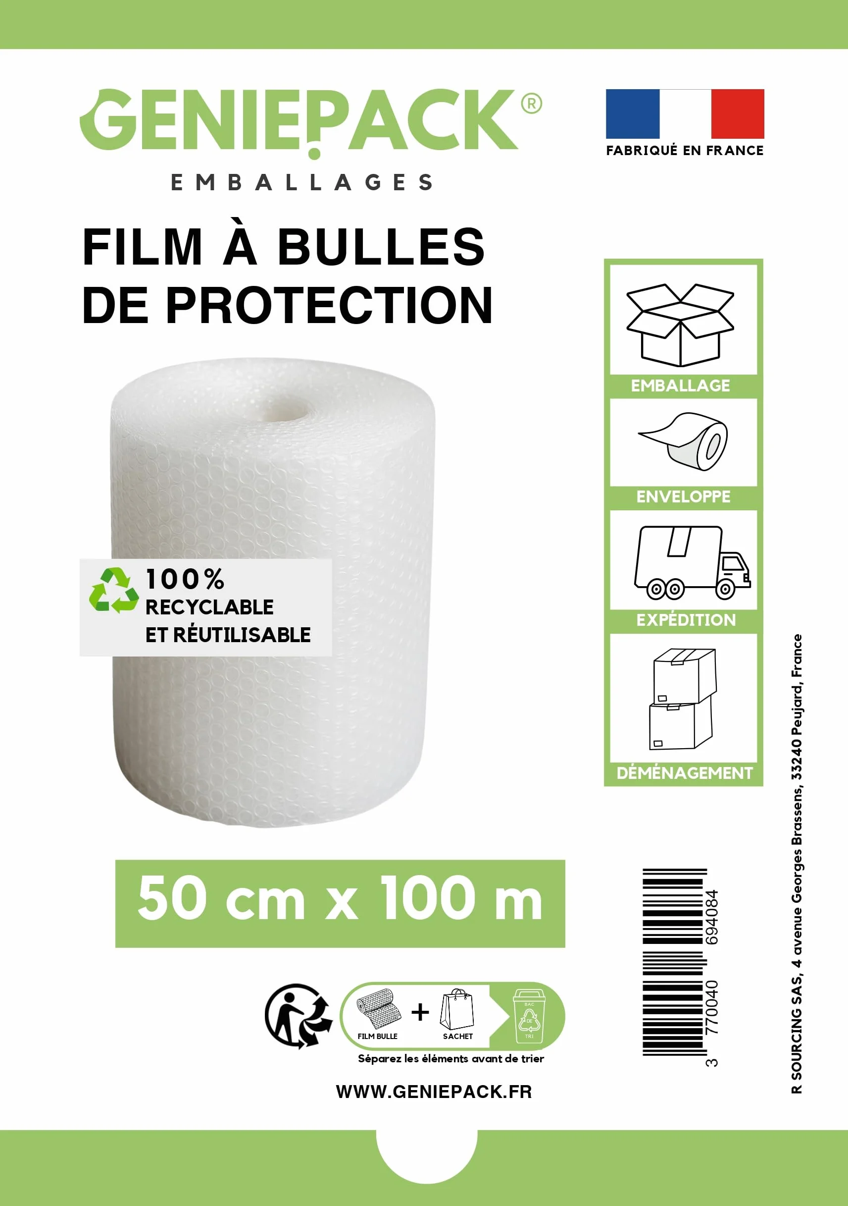 Film à bulles 50 cm x 100 m – Bulles 10 mm – Protection légère et flexible – Fabriqué en France
