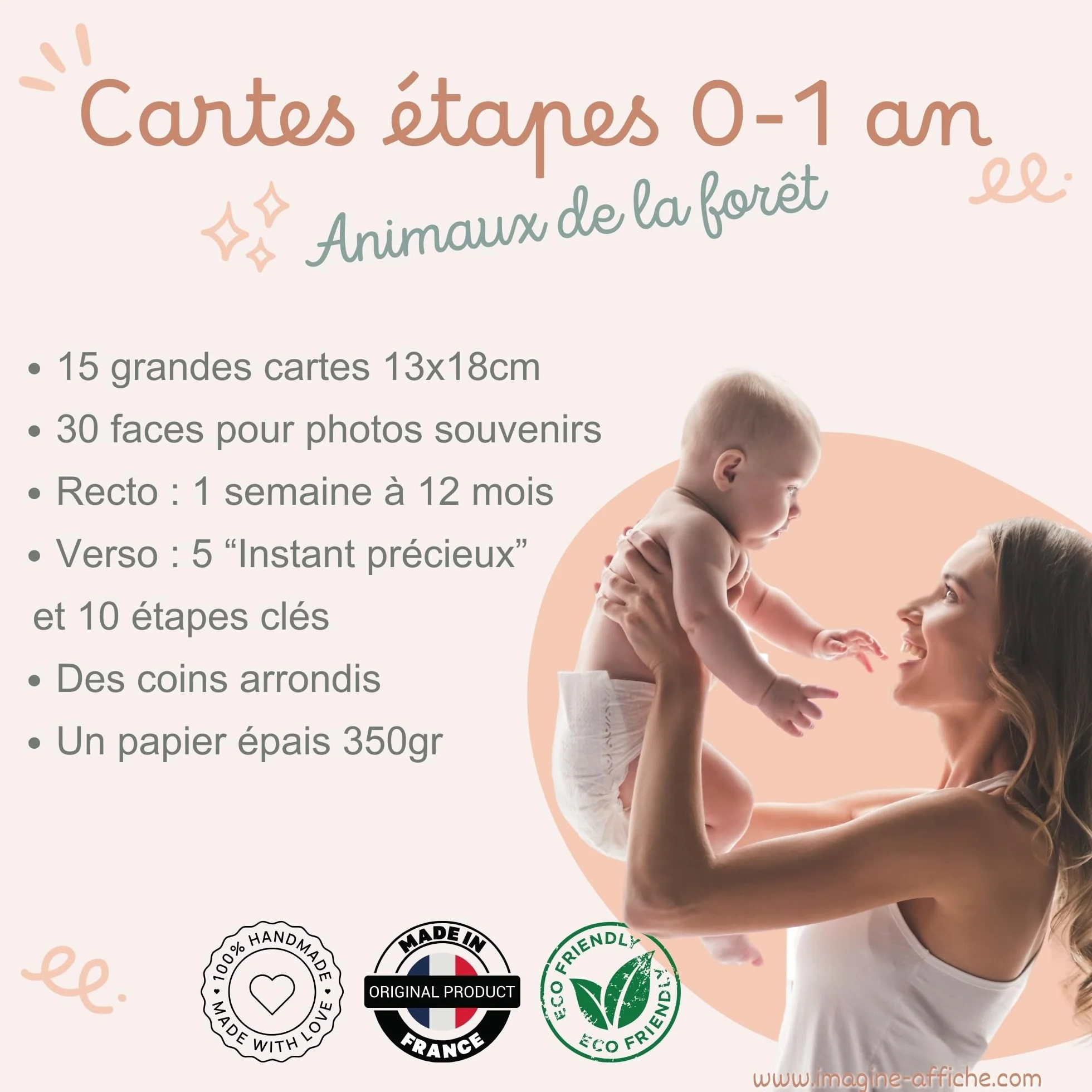 Cartes étapes bébé 0-12 mois Animaux de la forêt 15 cartes grand format 13x18 cm recto/verso Fabriqué en France