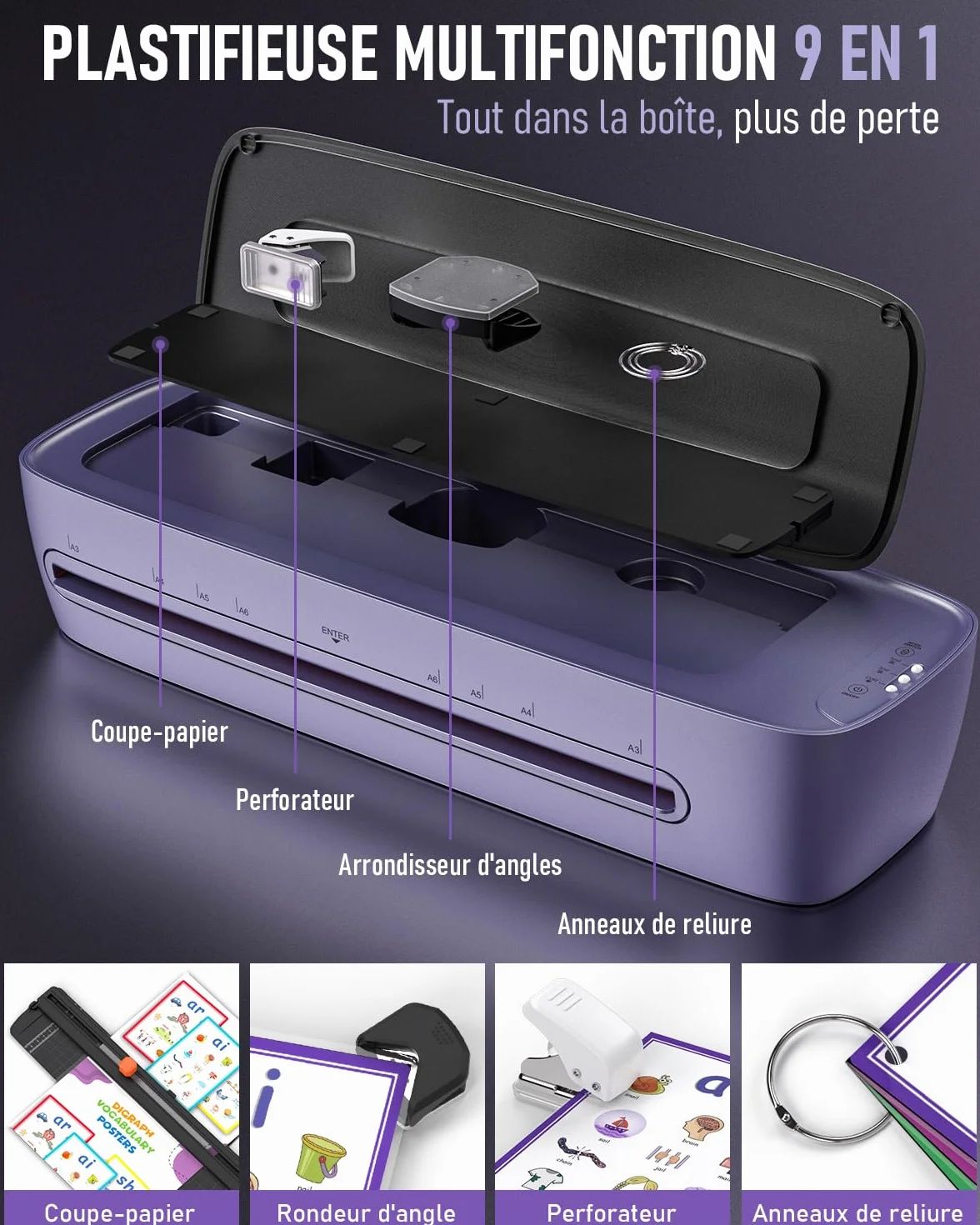 Plastifieuse A3 Thermique et Froid 9 en 1 avec 30 Pochettes, Massicot et Arrondisseur pour Bureau École