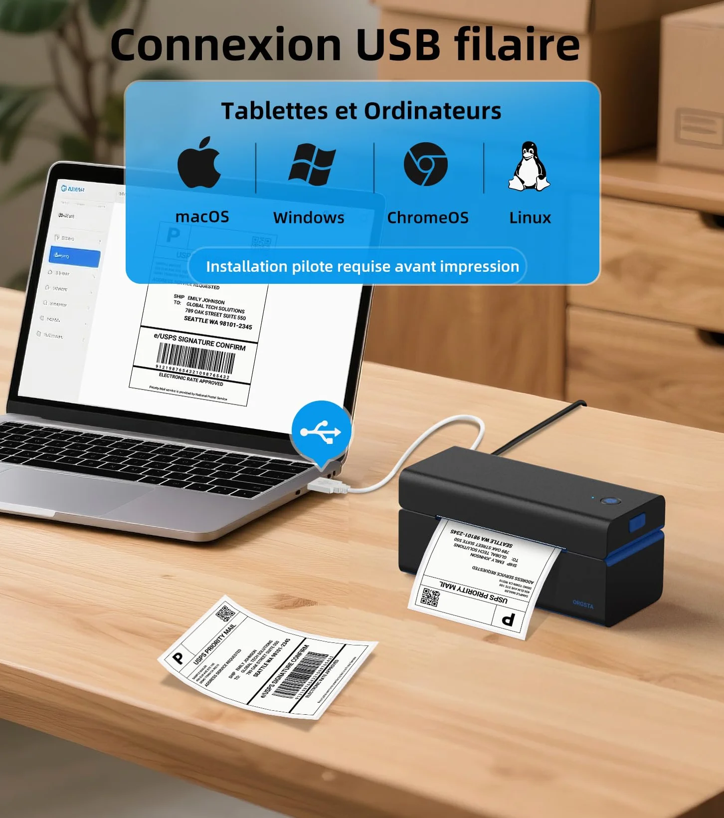 ORGSTA T001 Imprimante étiquettes autocollante 10x15 cm Bluetooth Wireless Thermique