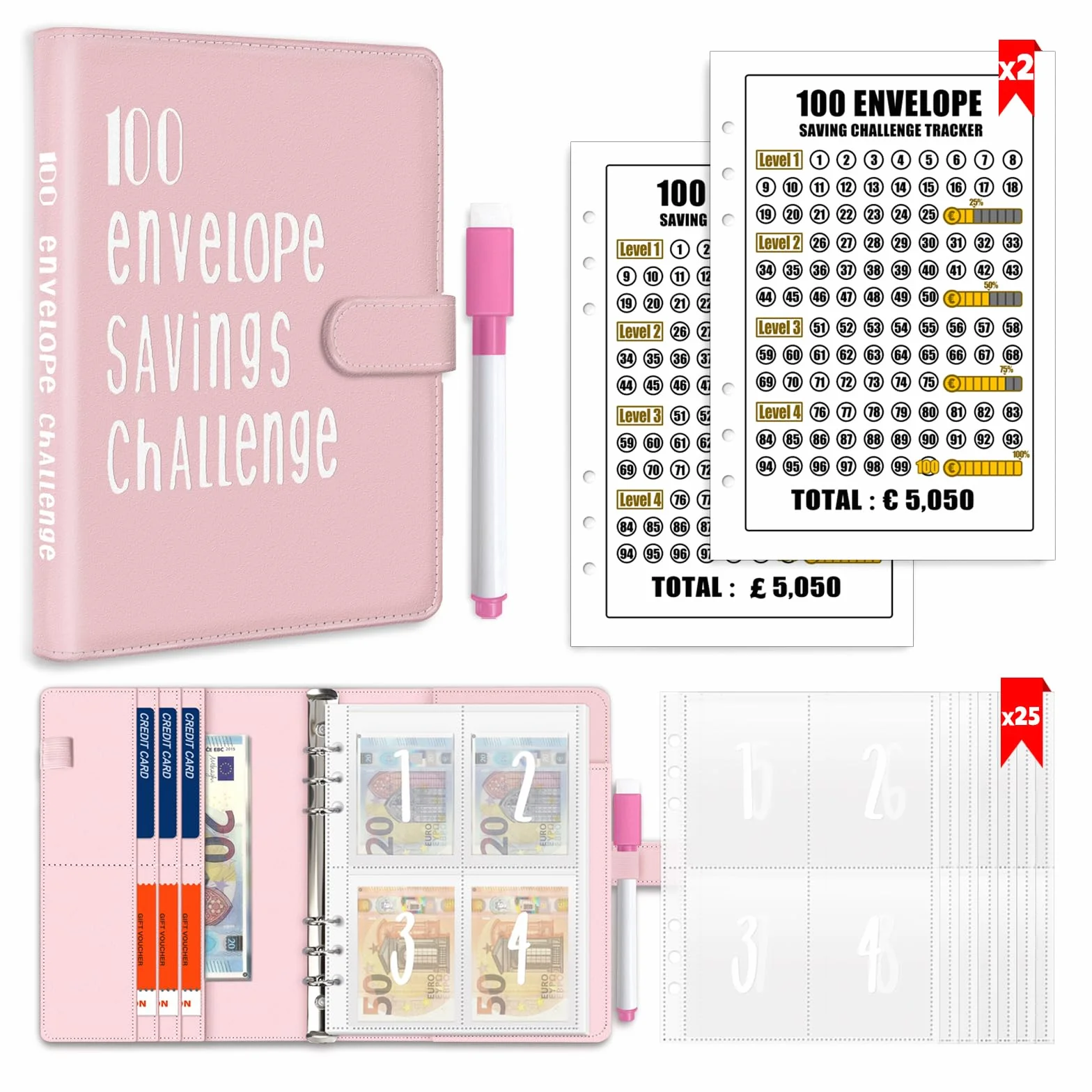 Organisateur de Budget A5 avec Enveloppes Transparentes, Portefeuille pour Espèces, Rose