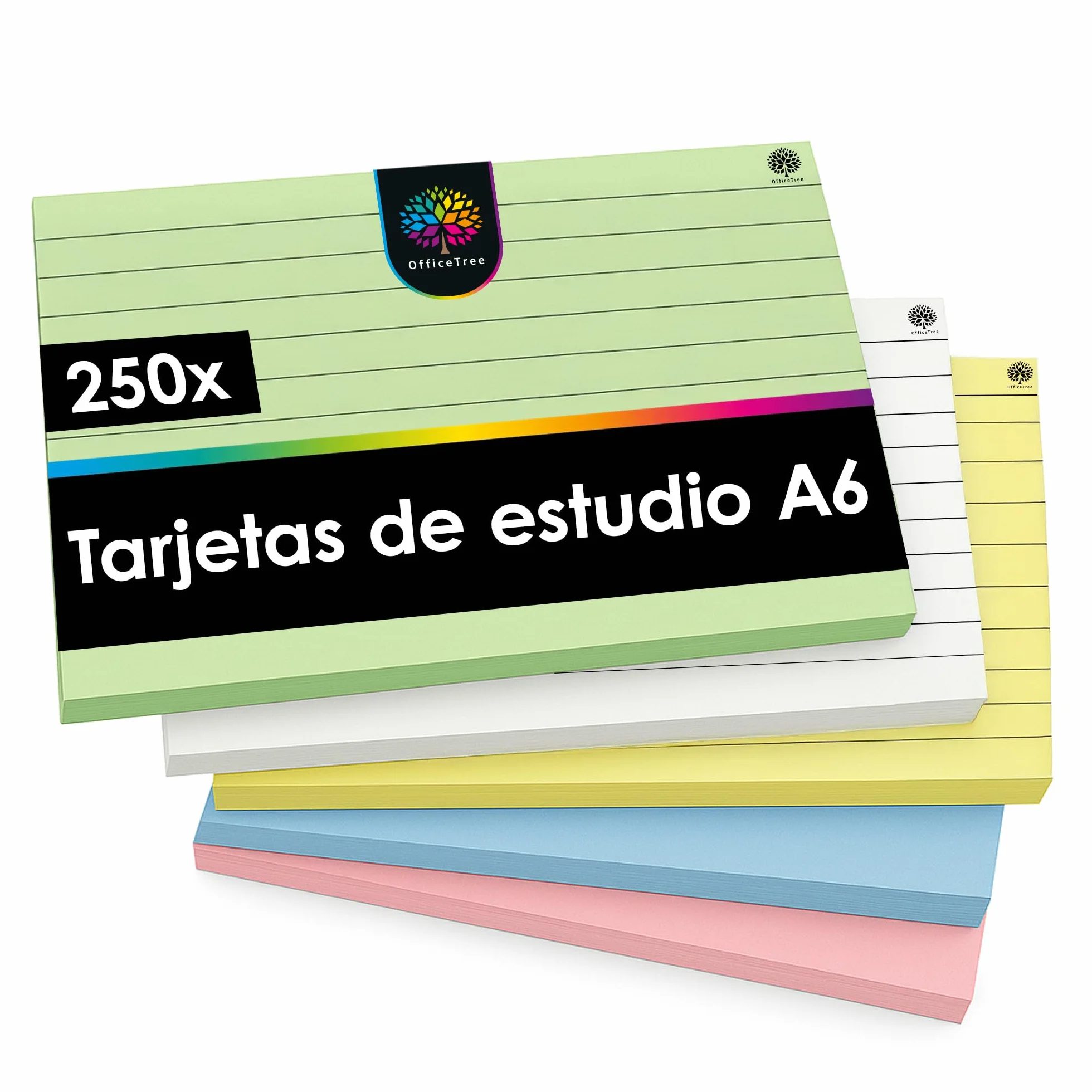 OfficeTree 250x Flash Cards A6 Lignées 5 Couleurs - Fiches Bristol pour Études et Révision
