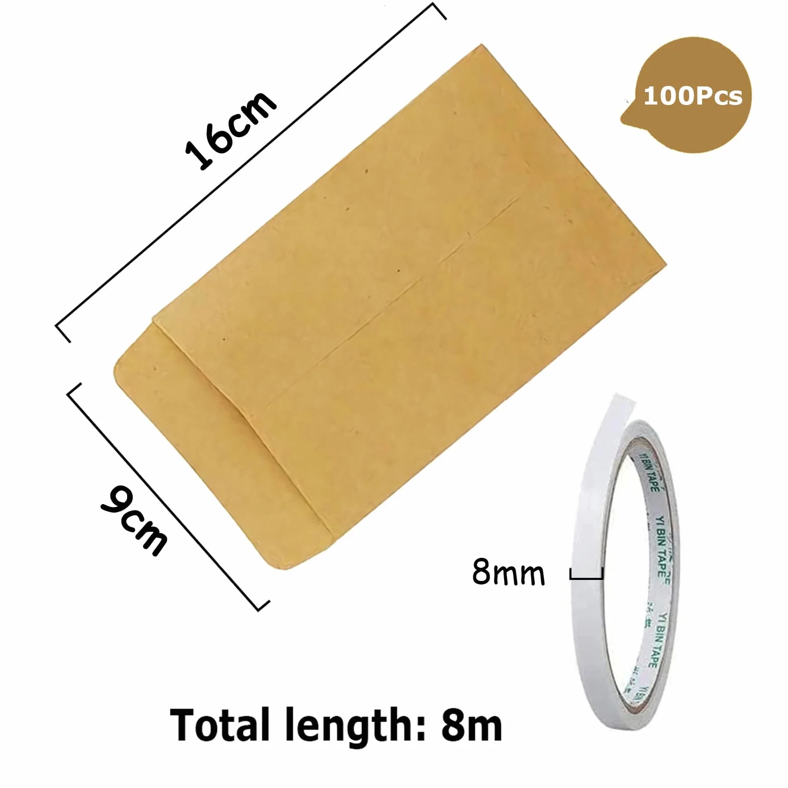 Mini Enveloppe Kraft 100 Pièces avec Ruban Adhésif Double Face 9x16cm pour Cadeau Mariage