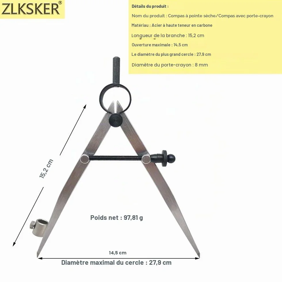 Compas professionnel précision 15,2 cm porte-crayon séparateur étrier boussole aile