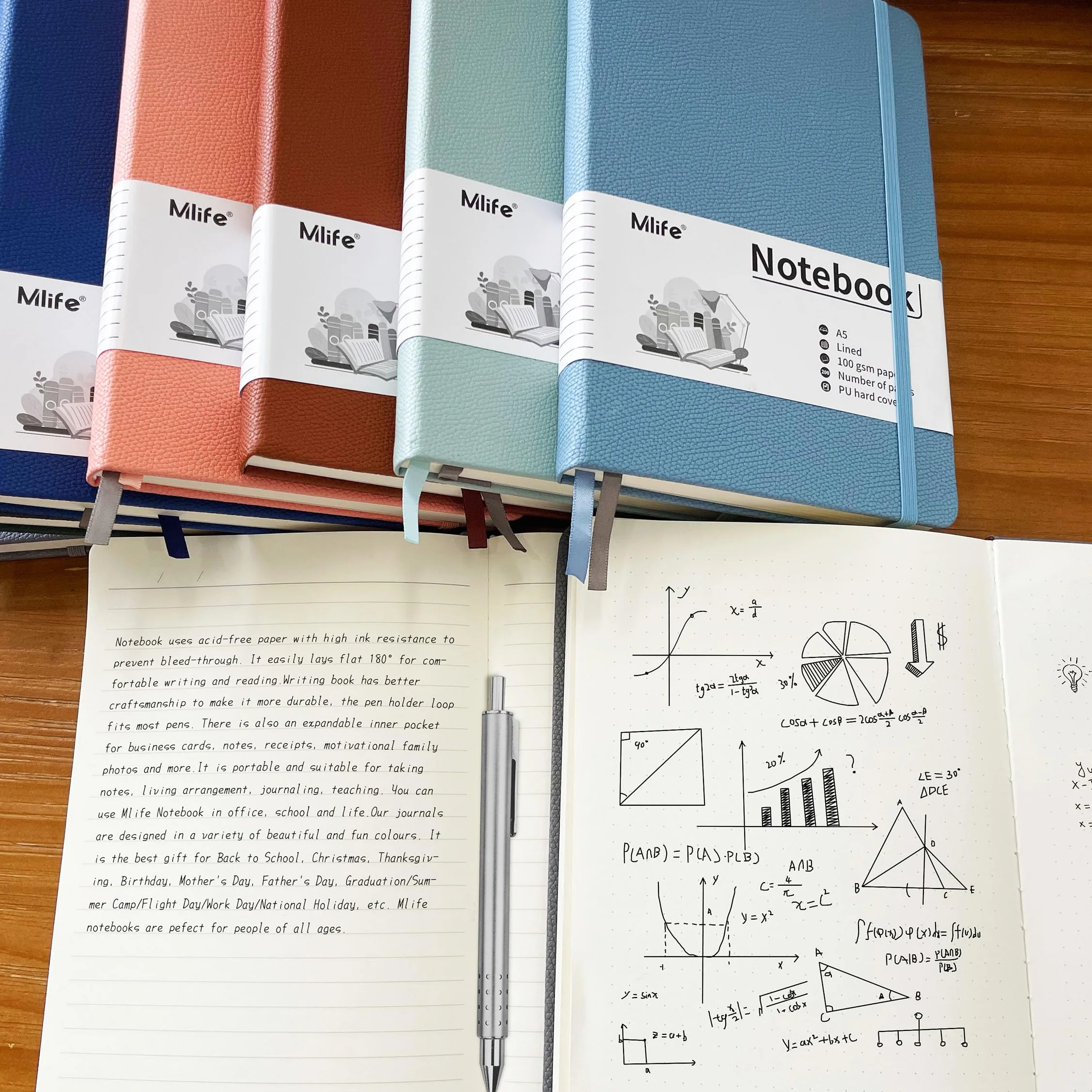 Mlife Carnet de Notes ligné A5 200 Pages PU Hard Cover Notebook Papier 100 g/m² Bleu