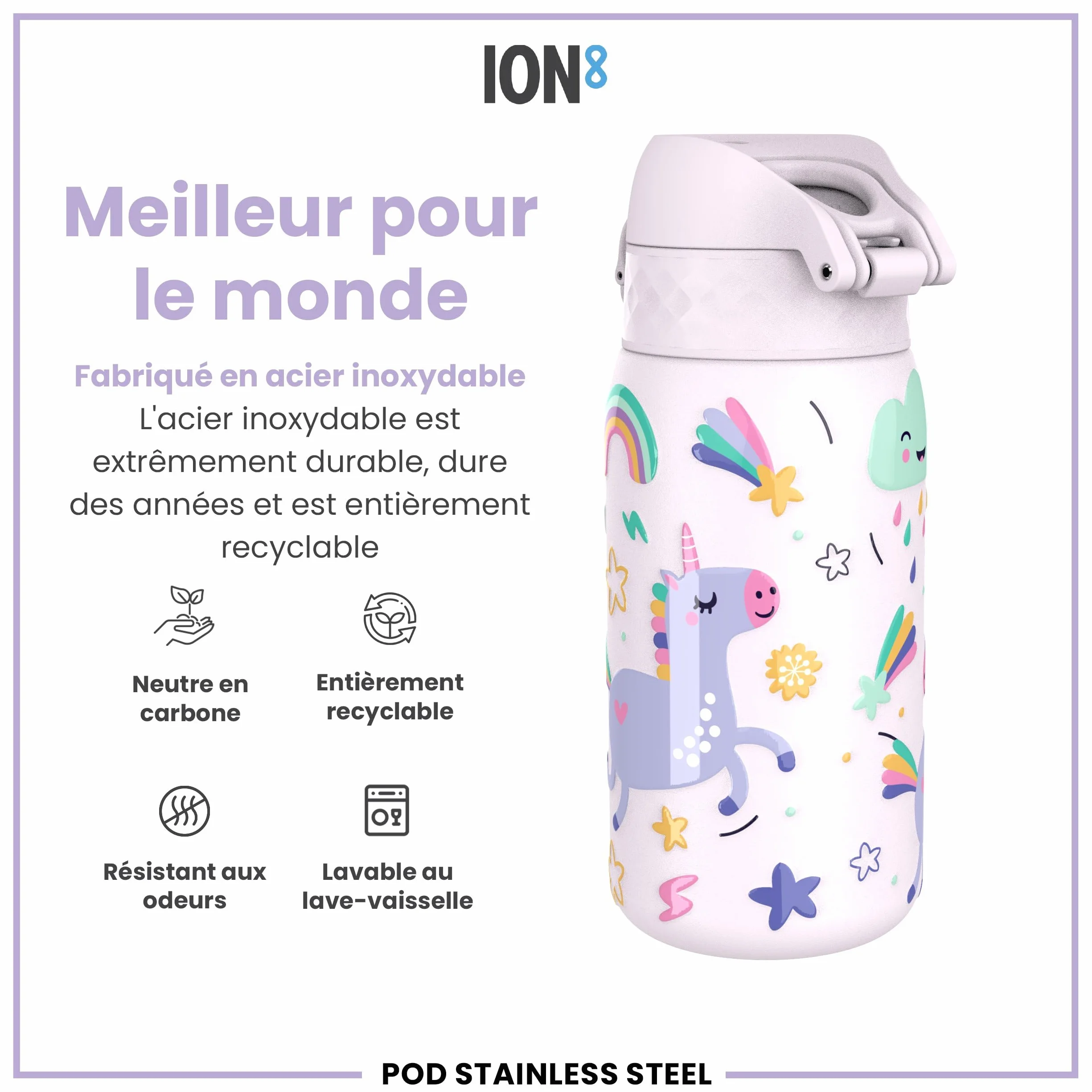 ION8 Gourde Enfant Anti-Fuite Verrouillage Sécurisé Lavable Lave-Vaisselle Motif Licornes