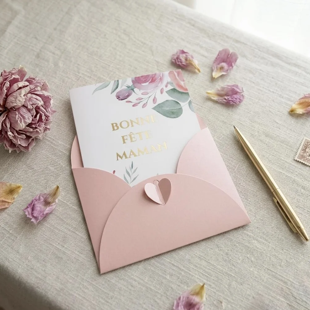 Carte de Vœux Bonne Fête Maman avec Enveloppe Nacrée Fermoir Cœur Motif Floral Aquarelle - Cadeau Fête des Mères