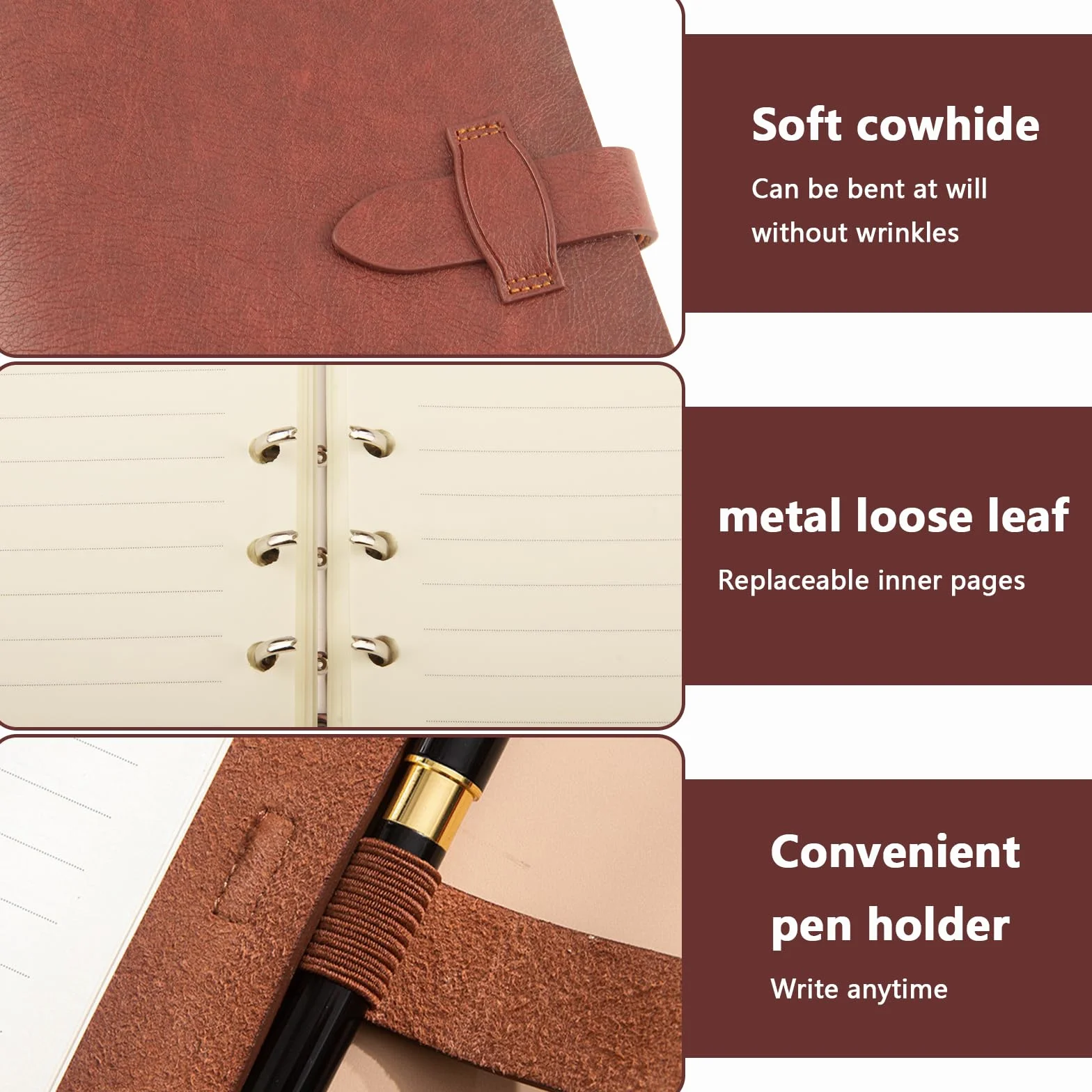 Carnet en Cuir A5 Rechargeable Vaskula 23x16cm avec Classeur Métallique à 6 Anneaux