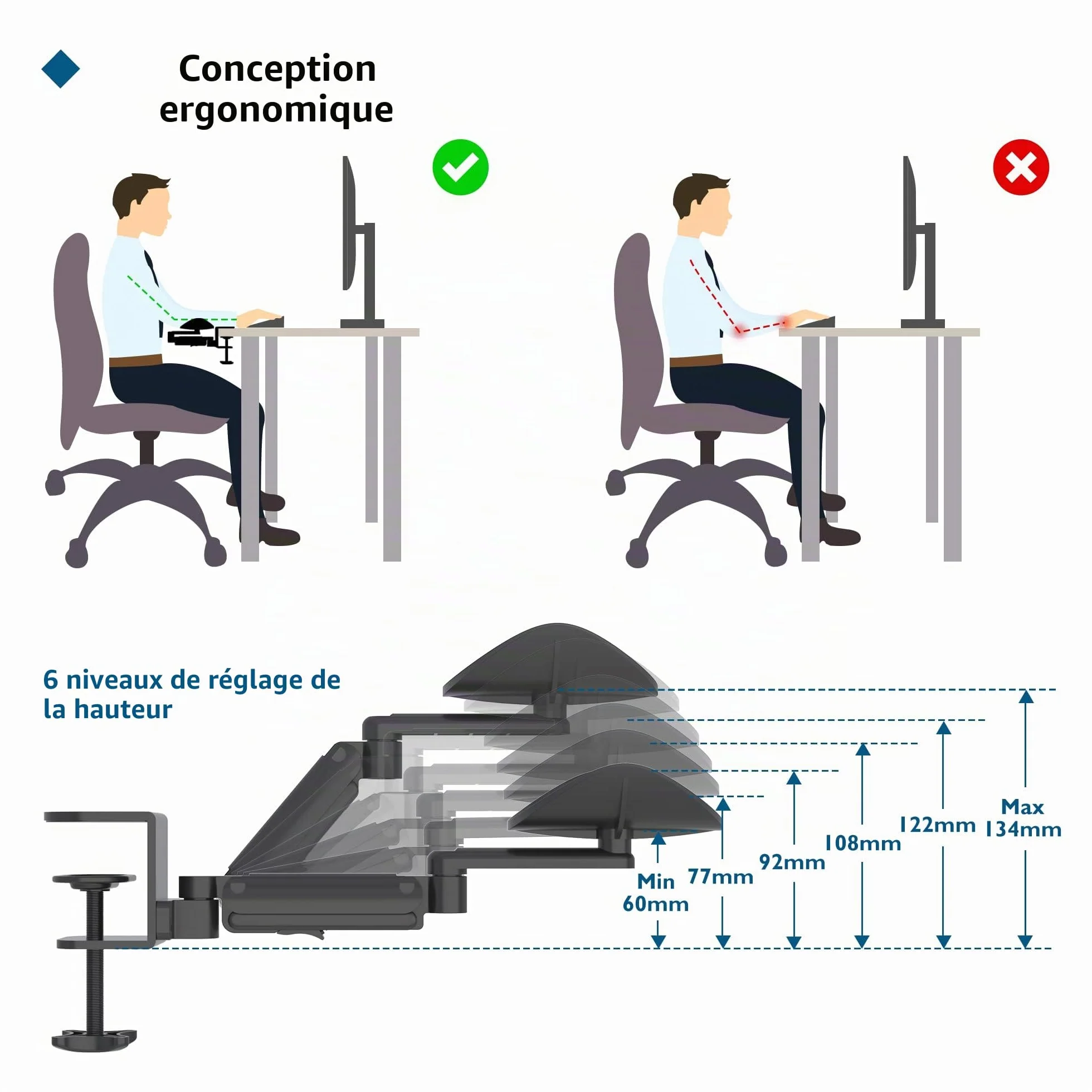 BONTEC Support de Bras Ergonomique Pivotant 360° 342 mm Aluminium Charge 12 kg Noir