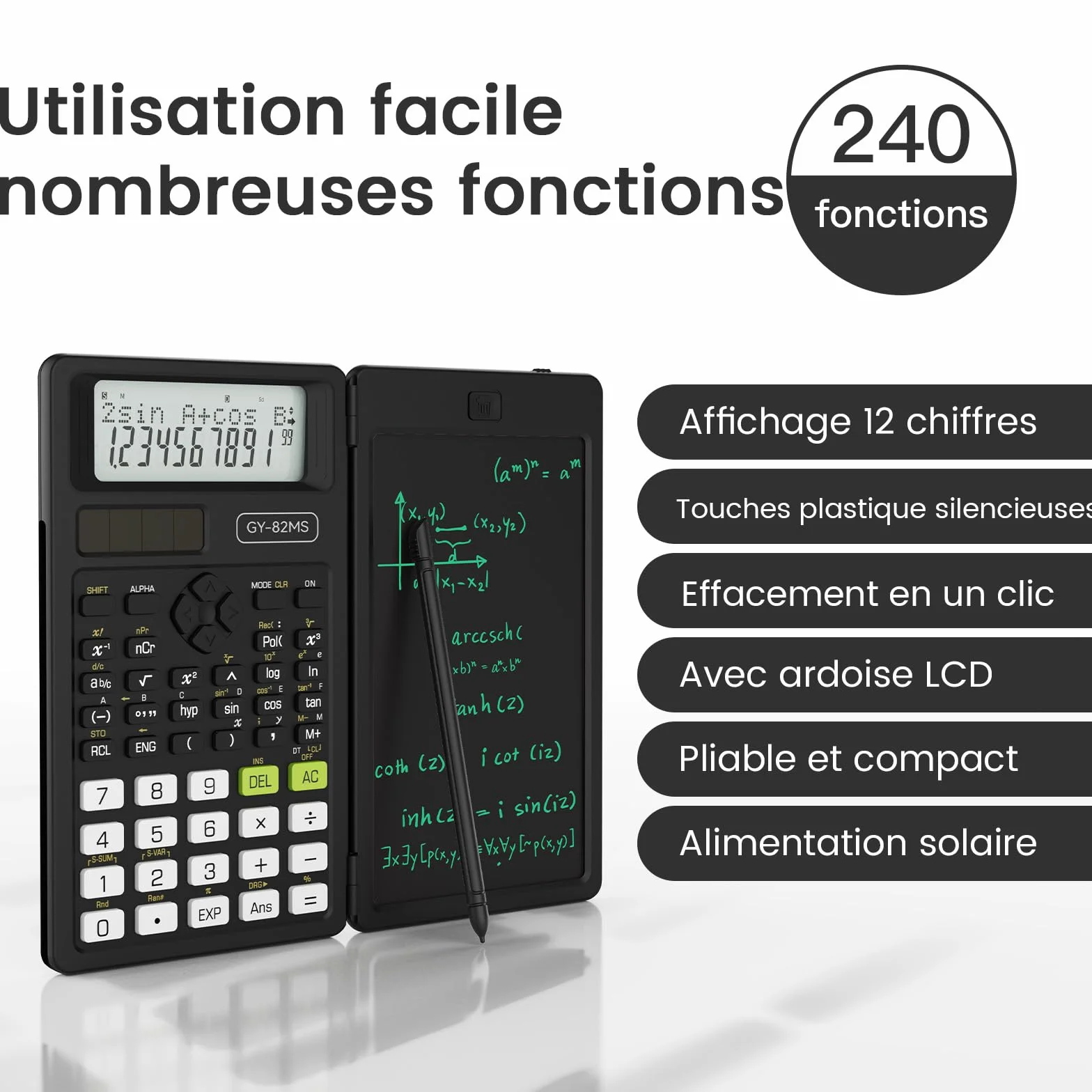 NEWYES Calculatrice Scientifique 82MS 240 Fonctions Tablette d'Écriture Stylo Inclus 2 Lignes Noir