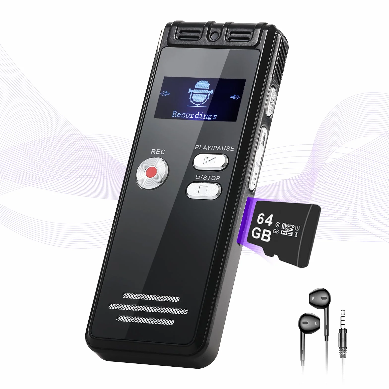 Dictaphone 64G 1536 kbps Enregistreur Vocal Numérique Type-C One-Touch HD Dual MIC