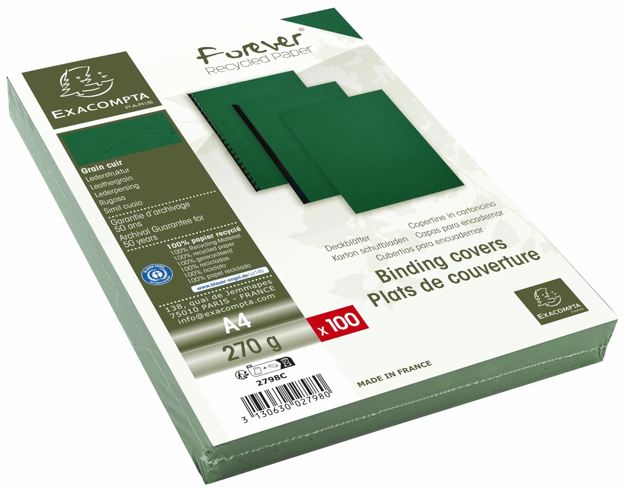 Forever A4 270 g/m² Grain Cuir à anneaux Coque Vert foncé lot de 100