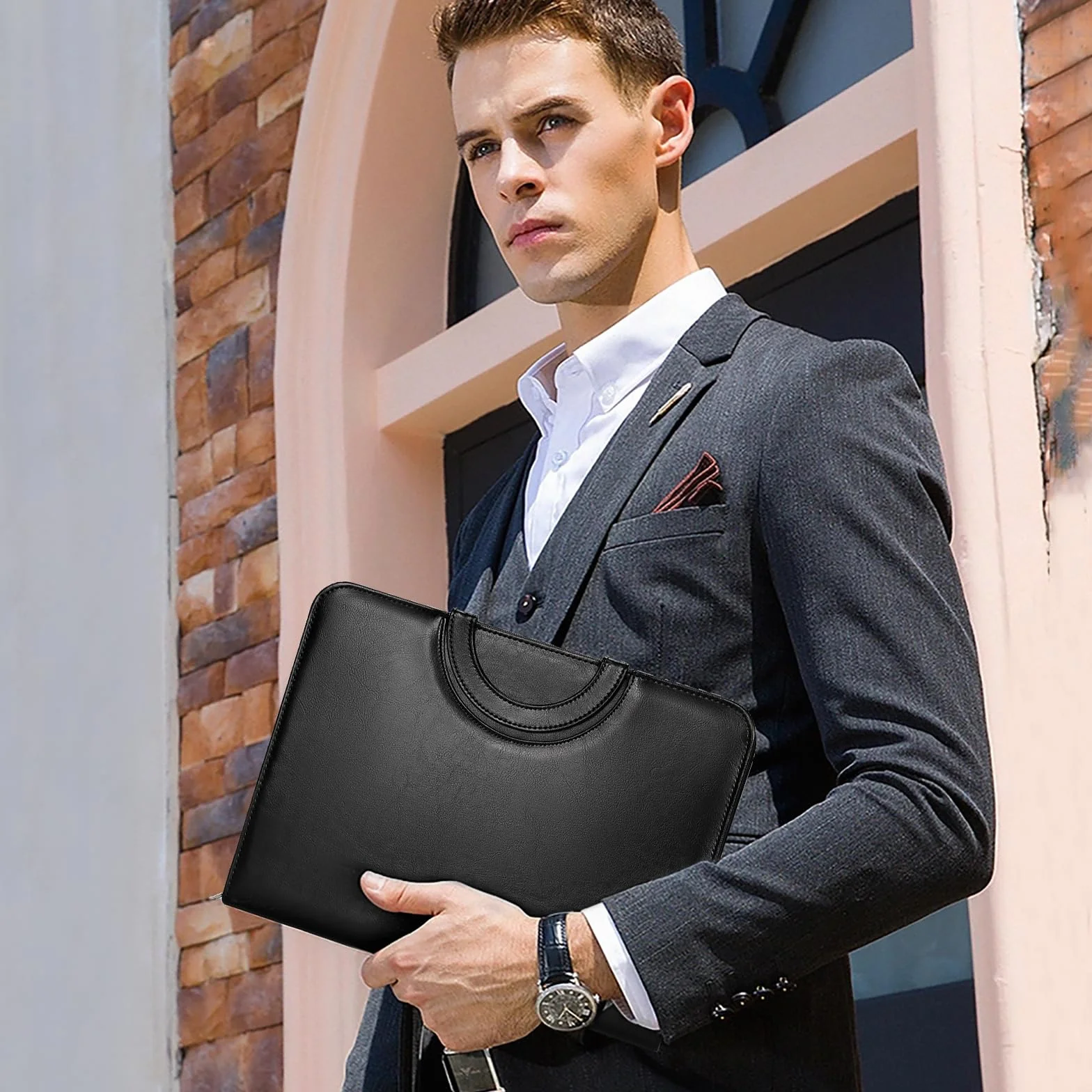Porte Document A4 en Cuir Noir PU Leathario Portfolio Organiseur de Bureau