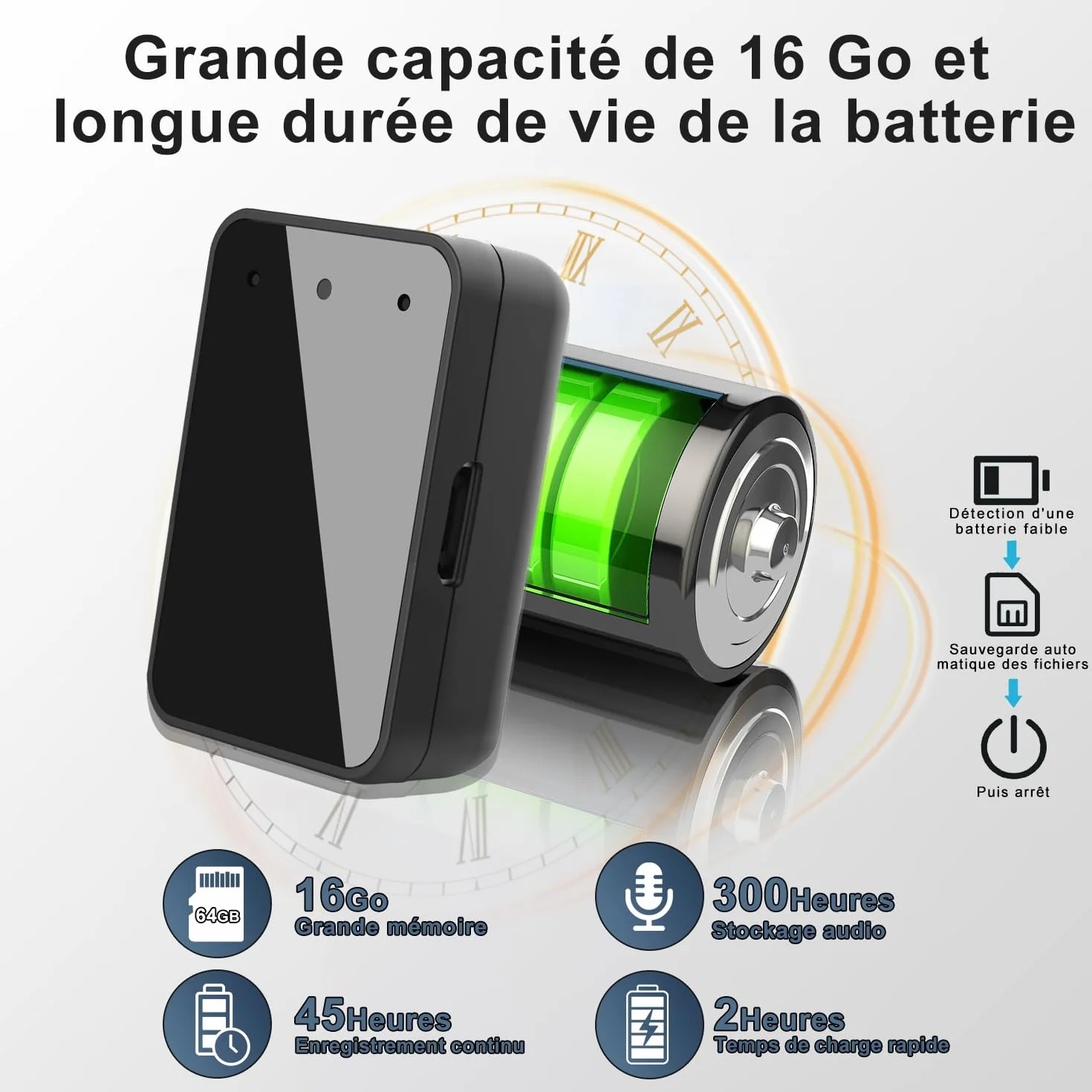 Enregistreur Vocal Magnétique 16 Go Réduction du Bruit USB-C Rechargeable Audio Portable