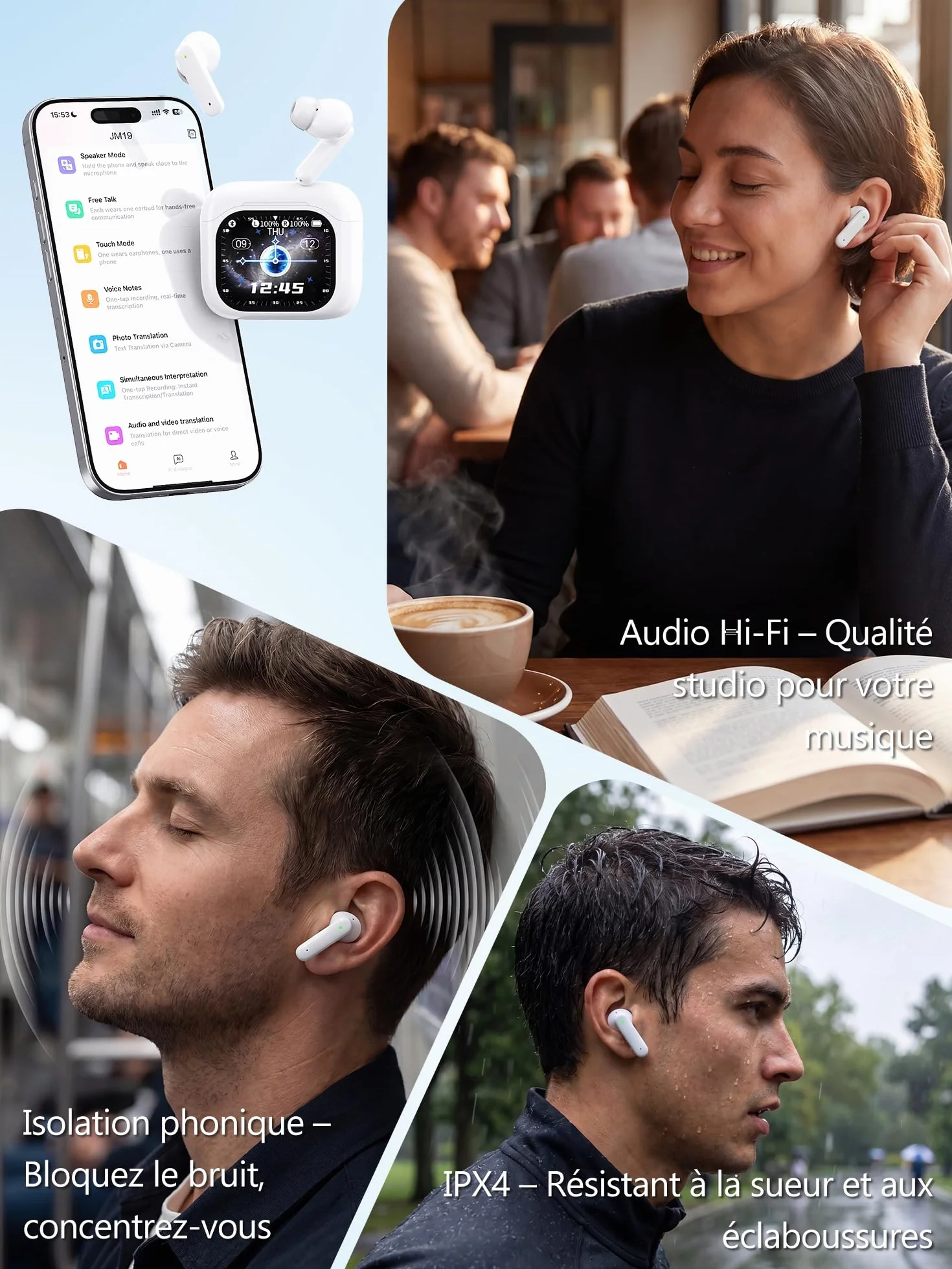 AI Écouteur Traducteur Vocal Instantané 3 en 1 Oreillette Traduction Anti-bruit ENC Écran LCD Tactile 156 Langues 7 Modes EQ Commande Photo à Distance