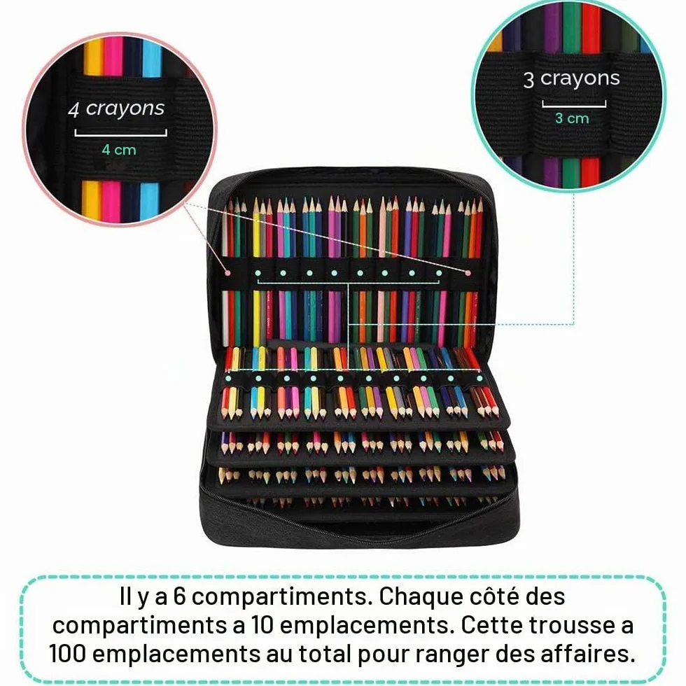 JAKAGO Trousse de Rangement 304 Crayons 100 Emplacements 4 Compartiments Grande Capacité