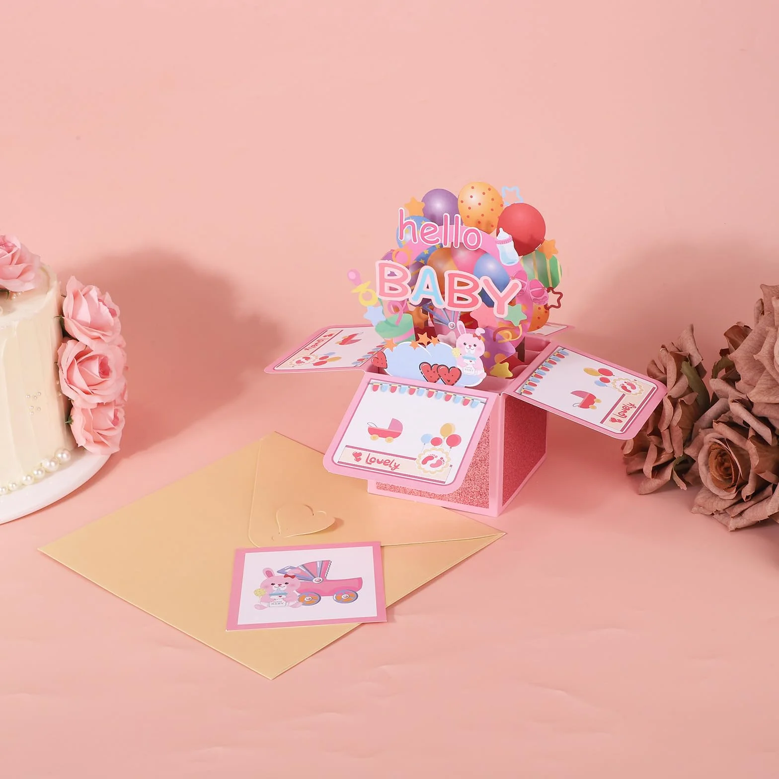 Penitue Carte de Félicitations Pop-Up Baby Shower Fille avec Enveloppe Rose